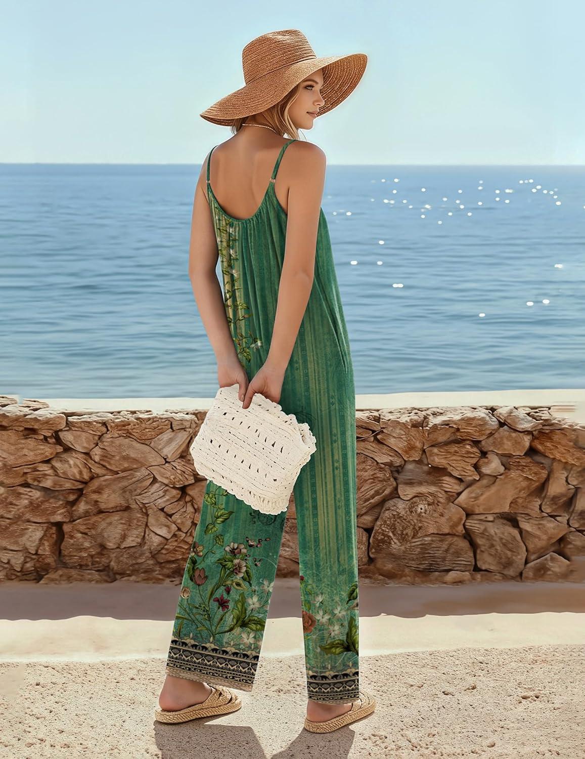imageEkouaer Wide Leg Jumpsuits for Women Casual Overalls Sleeveless Vacation Outfits One Piece Boho Printed Romper with PocketFloral Ice Green