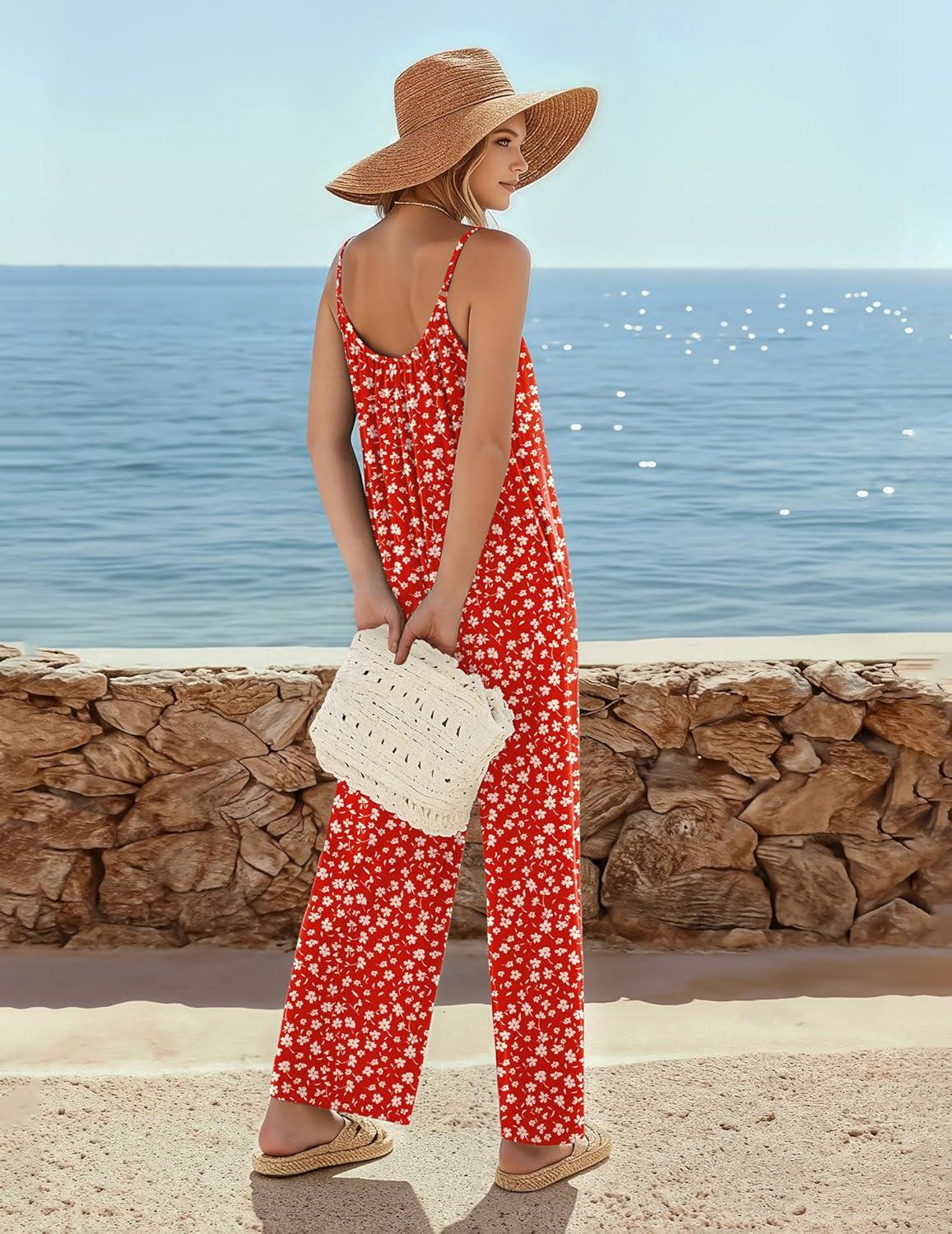 imageEkouaer Wide Leg Jumpsuits for Women Casual Overalls Sleeveless Vacation Outfits One Piece Boho Printed Romper with PocketFloral Red