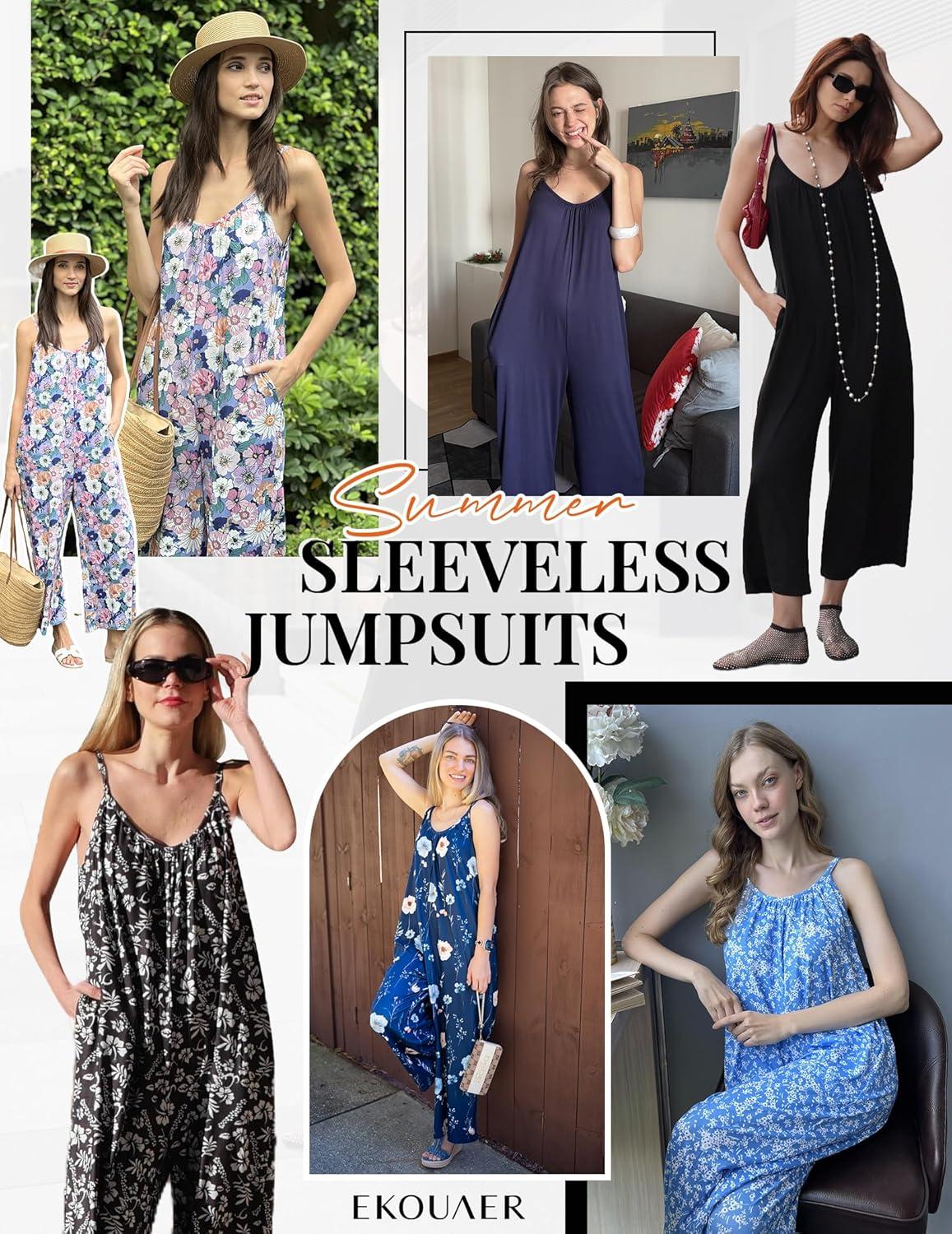 imageEkouaer Wide Leg Jumpsuits for Women Casual Overalls Sleeveless Vacation Outfits One Piece Boho Printed Romper with PocketNavy Blue