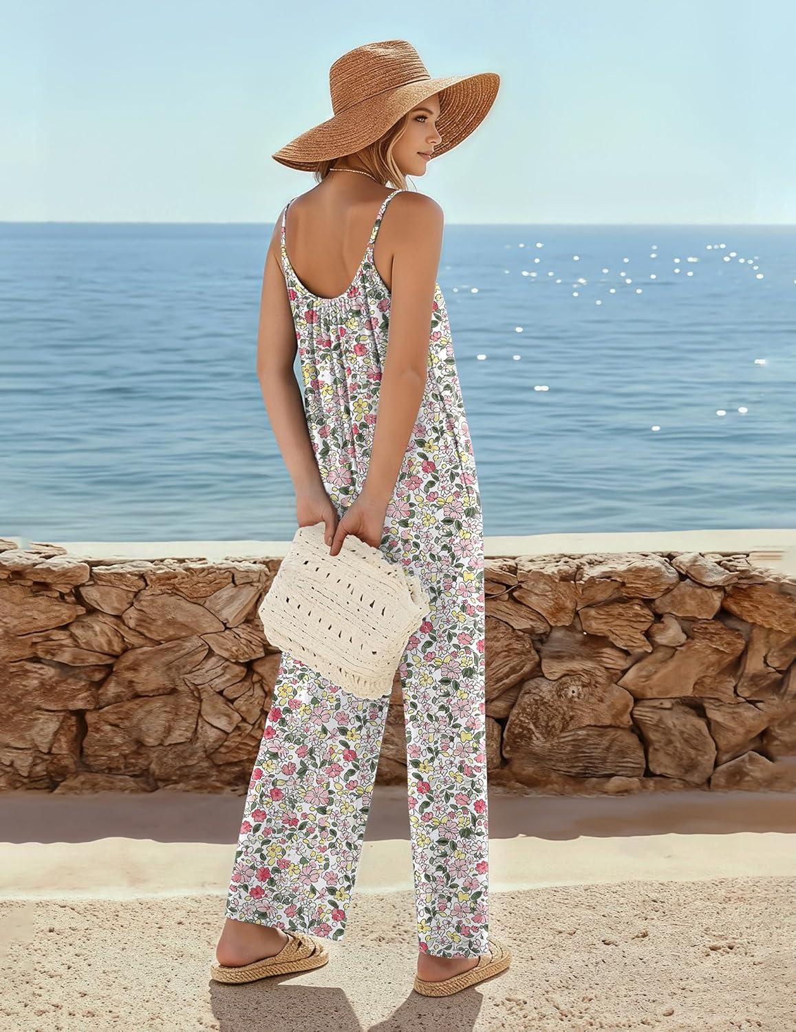imageEkouaer Wide Leg Jumpsuits for Women Casual Overalls Sleeveless Vacation Outfits One Piece Boho Printed Romper with PocketWhite Print 2