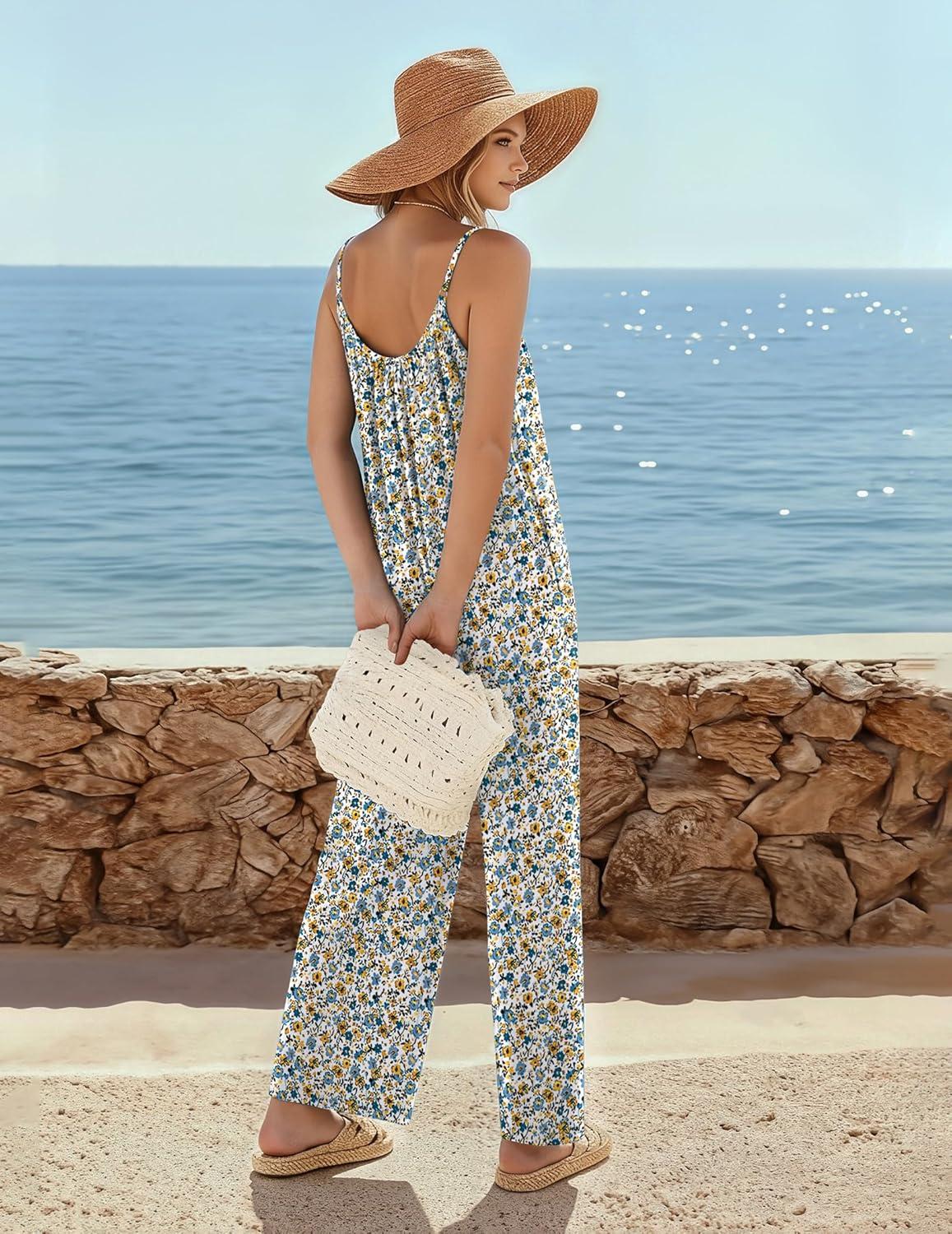 imageEkouaer Wide Leg Jumpsuits for Women Casual Overalls Sleeveless Vacation Outfits One Piece Boho Printed Romper with PocketWhite Print