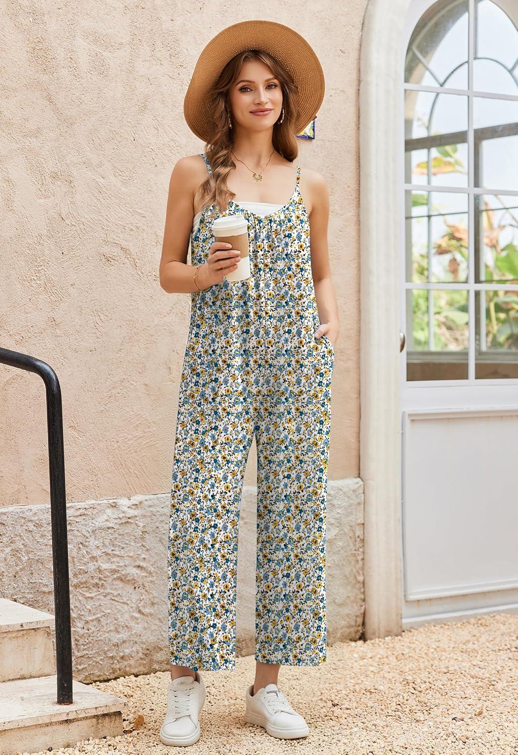 imageEkouaer Wide Leg Jumpsuits for Women Casual Overalls Sleeveless Vacation Outfits One Piece Boho Printed Romper with PocketWhite Print