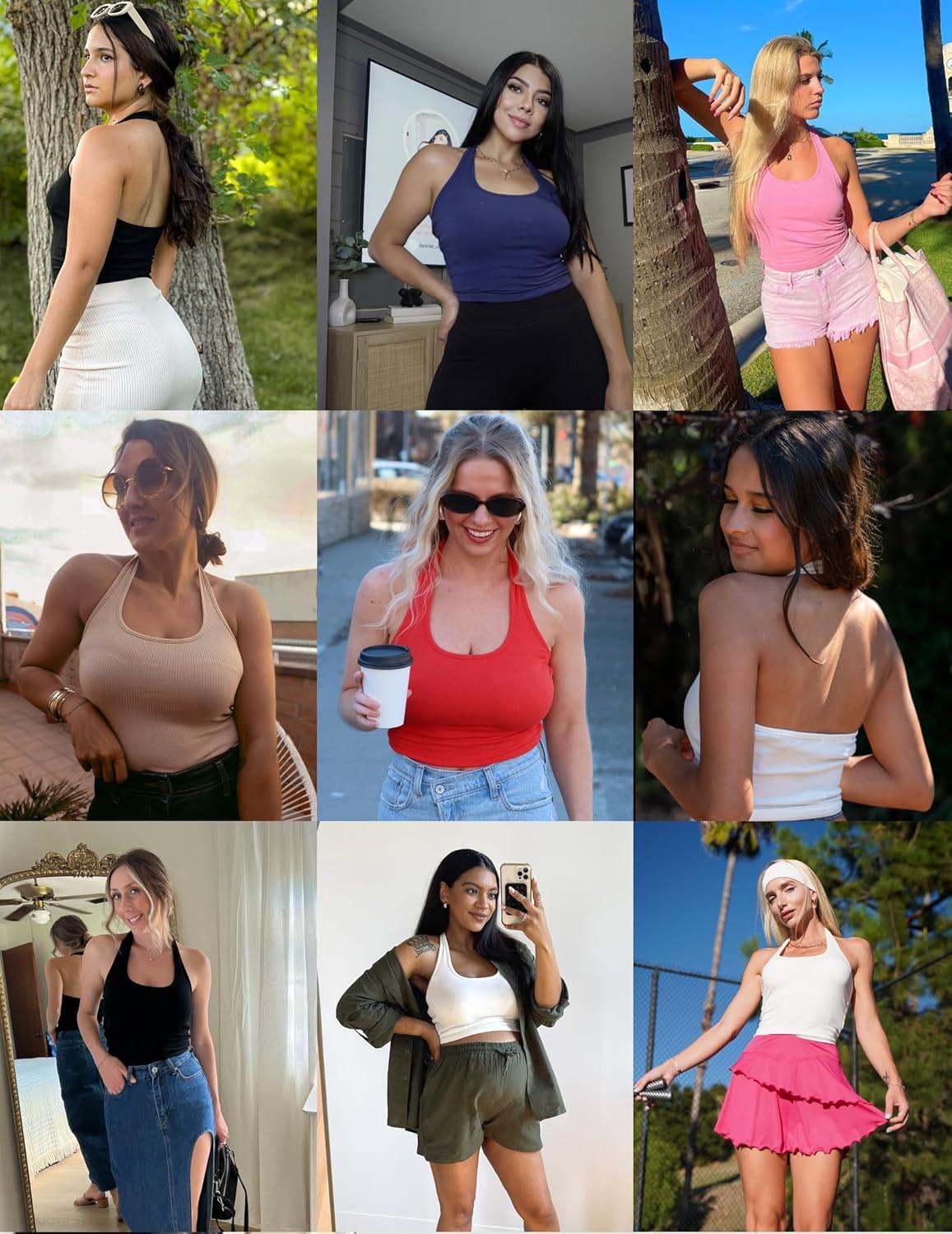 imageEkouaer Women Halter Top Backless Scroop Neck Slim Stretchy Ribbed Knit Camisole Crop Tops SXXLSky Blue