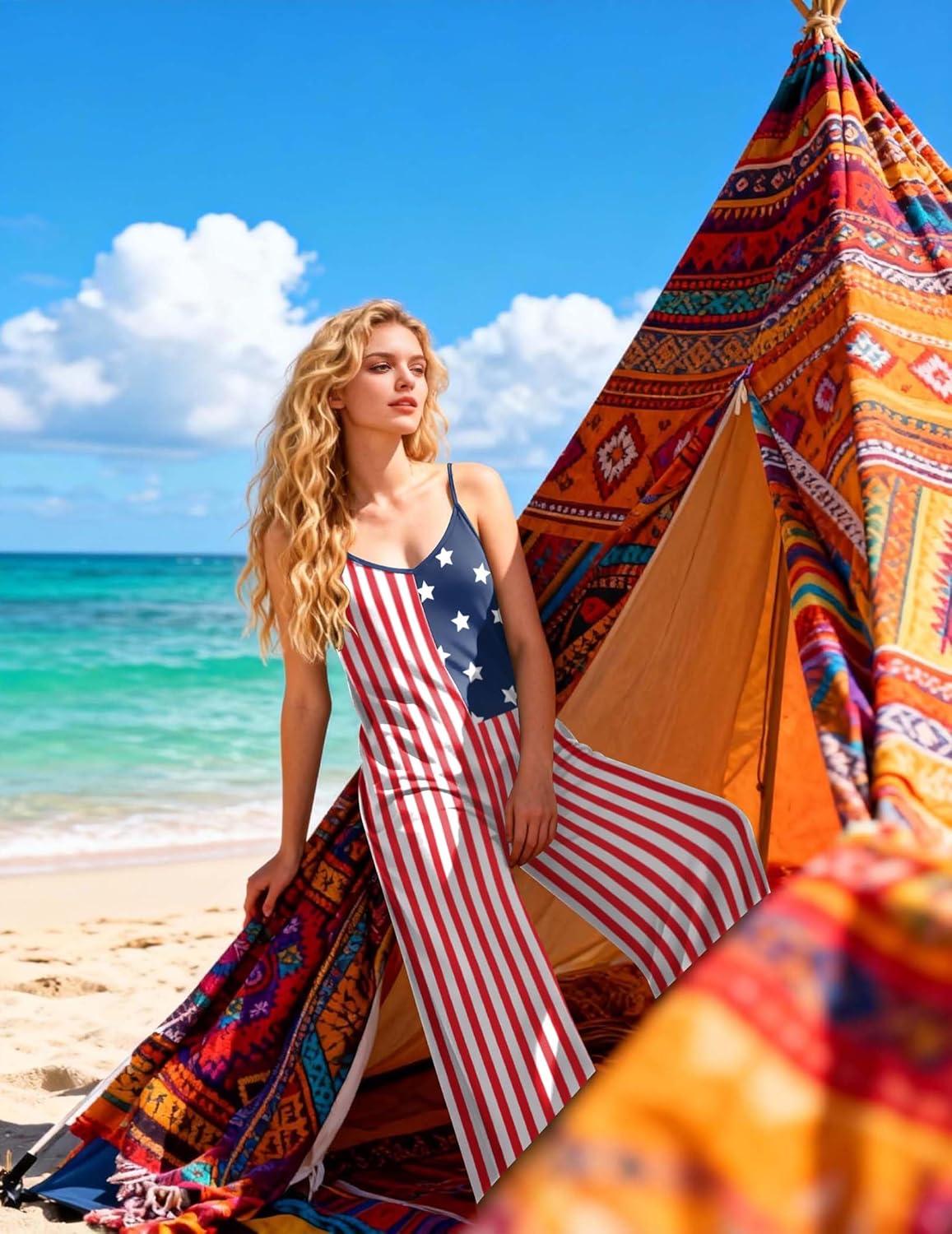 imageEkouaer Women Jumpsuits Casual Boho Overalls Sleeveless Spaghetti Strap Long Pants Romper with PocketsFlag American