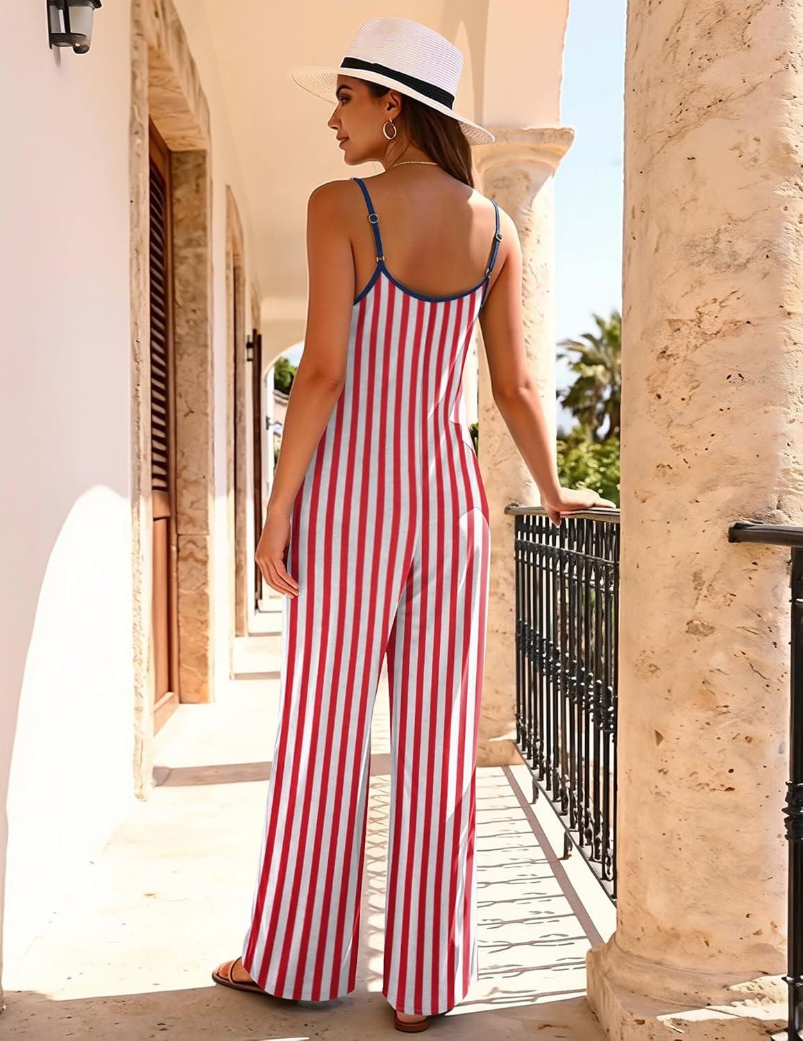 imageEkouaer Women Jumpsuits Casual Boho Overalls Sleeveless Spaghetti Strap Long Pants Romper with PocketsFlag American