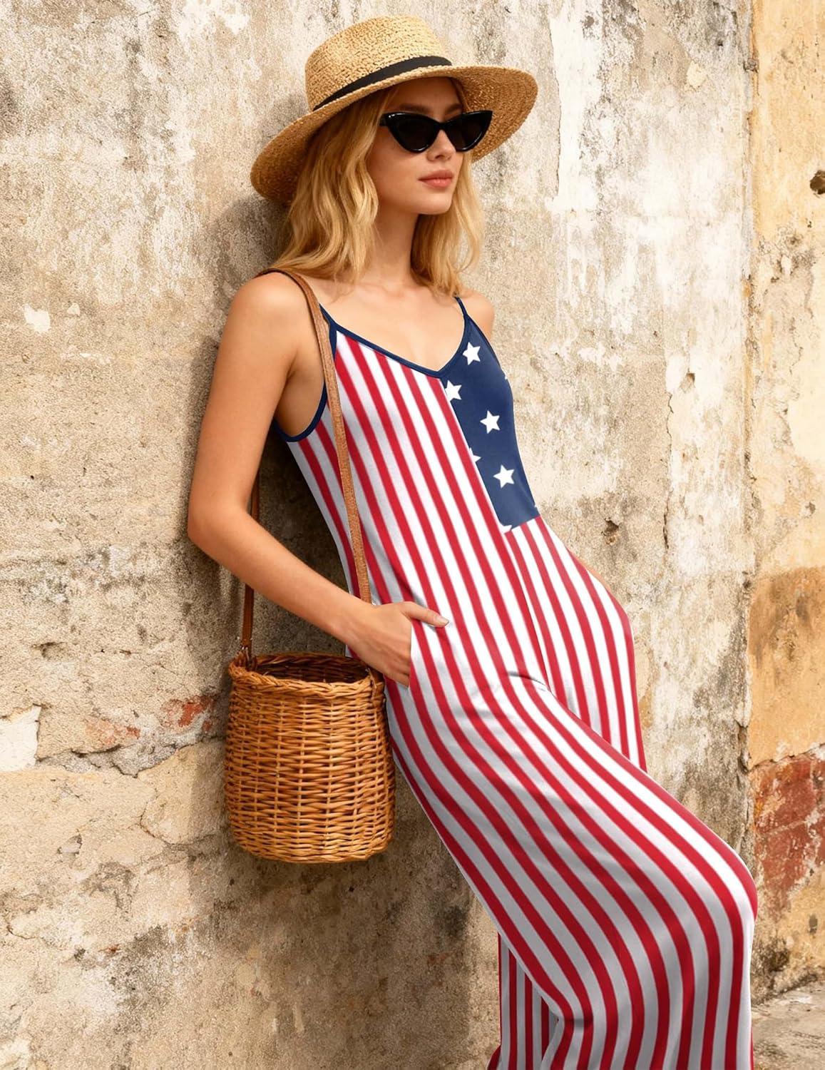 imageEkouaer Women Jumpsuits Casual Boho Overalls Sleeveless Spaghetti Strap Long Pants Romper with PocketsFlag American