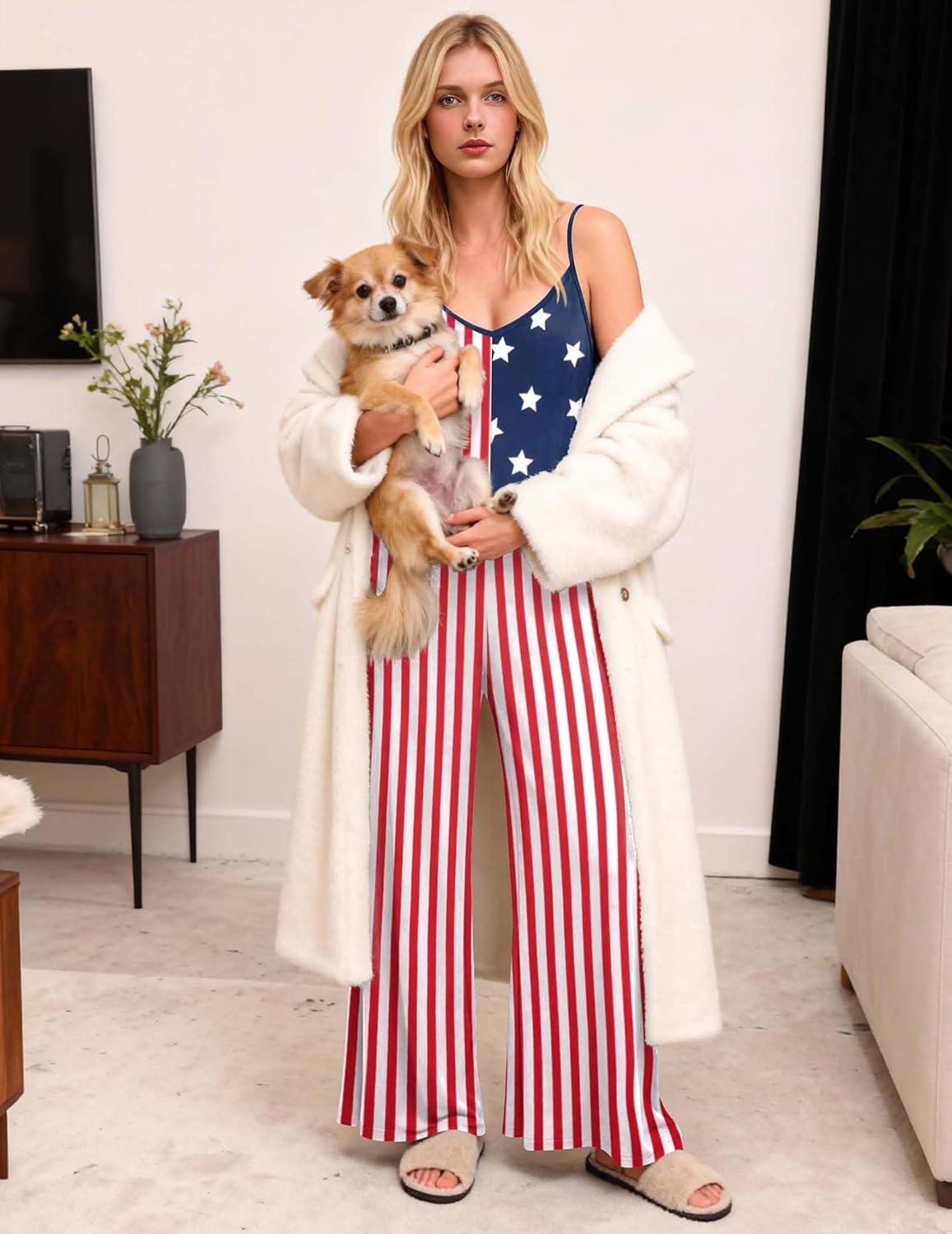 imageEkouaer Women Jumpsuits Casual Boho Overalls Sleeveless Spaghetti Strap Long Pants Romper with PocketsFlag American