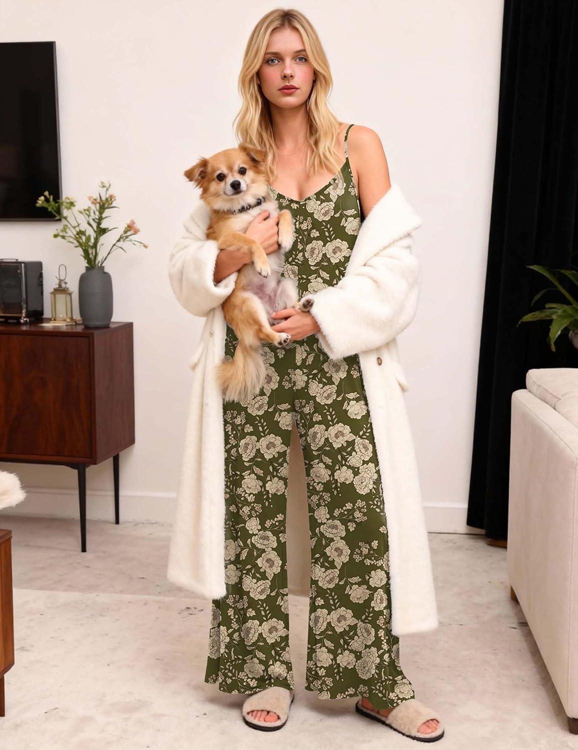 imageEkouaer Women Jumpsuits Casual Boho Overalls Sleeveless Spaghetti Strap Long Pants Romper with PocketsFloral Army Green