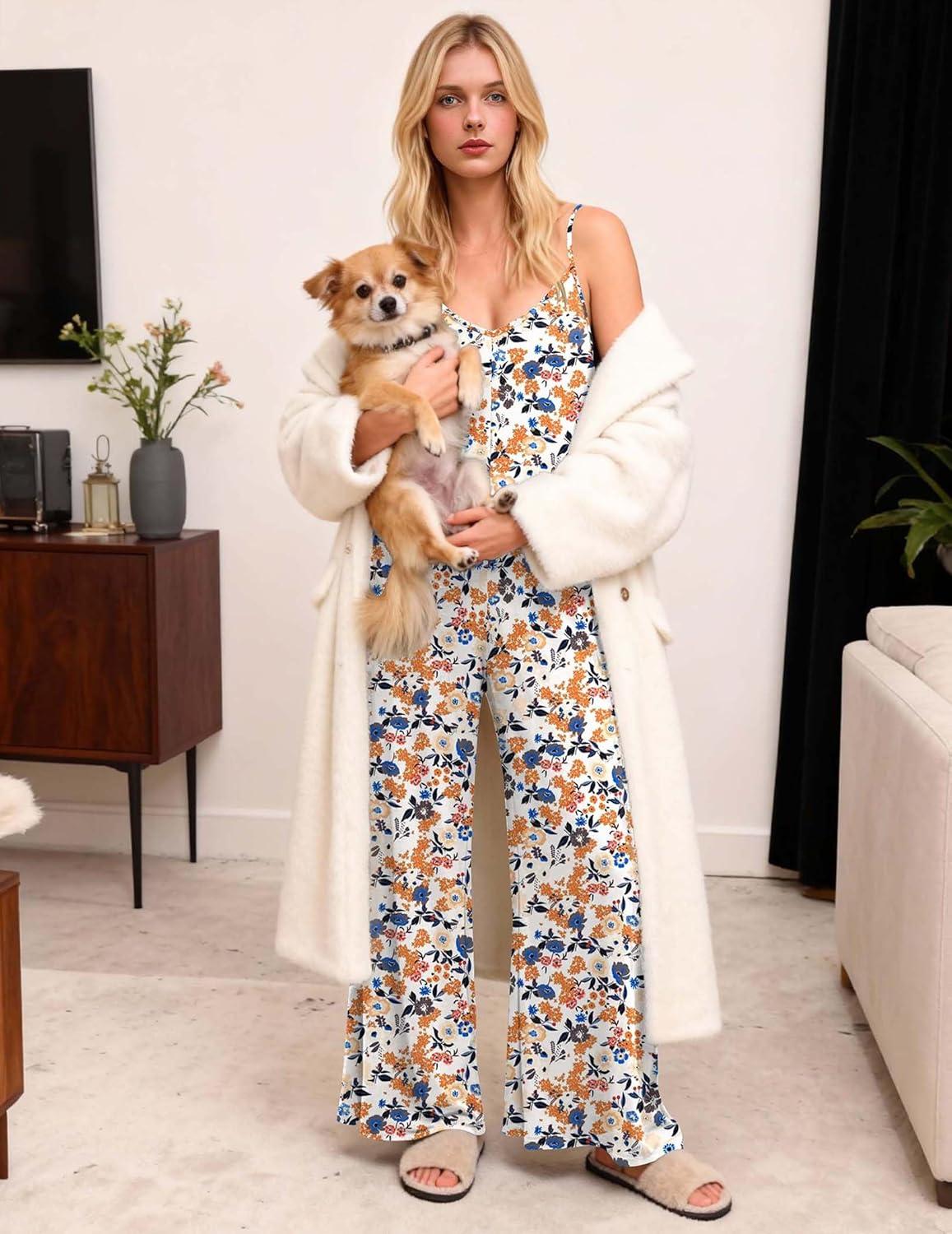 imageEkouaer Women Jumpsuits Casual Boho Overalls Sleeveless Spaghetti Strap Long Pants Romper with PocketsFloral Beige