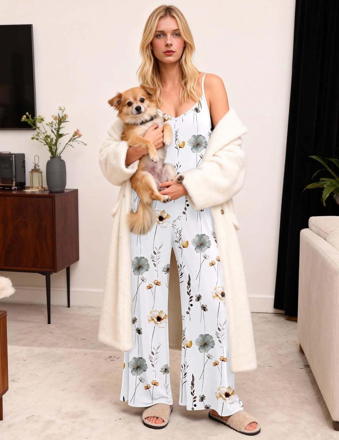 imageEkouaer Women Jumpsuits Casual Boho Overalls Sleeveless Spaghetti Strap Long Pants Romper with PocketsFloral White