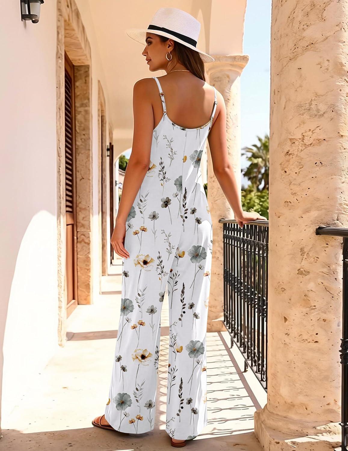 imageEkouaer Women Jumpsuits Casual Boho Overalls Sleeveless Spaghetti Strap Long Pants Romper with PocketsFloral White