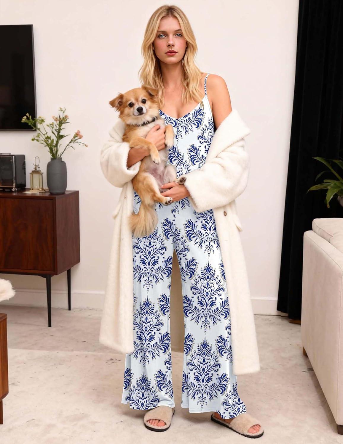 imageEkouaer Women Jumpsuits Casual Boho Overalls Sleeveless Spaghetti Strap Long Pants Romper with PocketsFloral White Sky Blue
