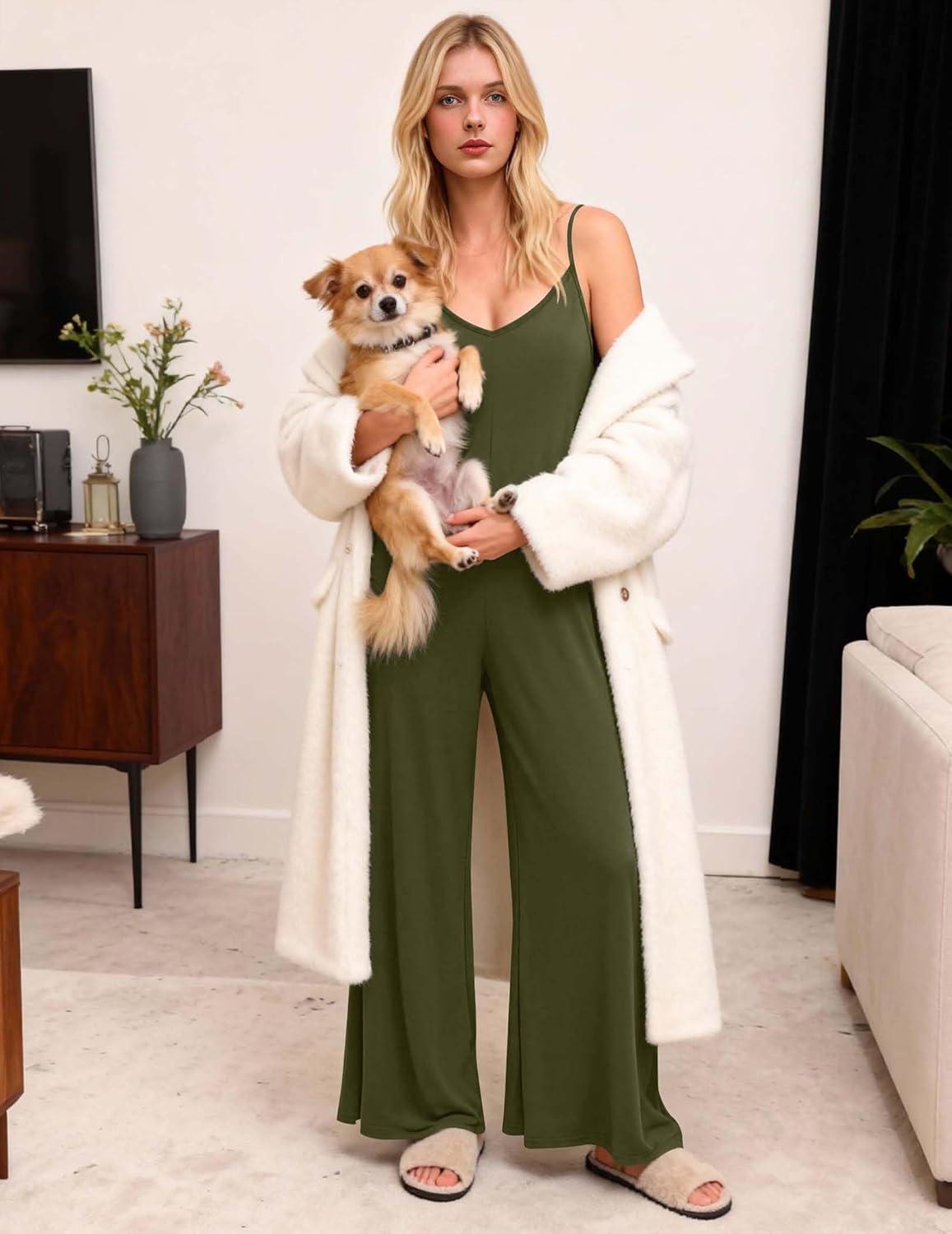 imageEkouaer Women Jumpsuits Casual Boho Overalls Sleeveless Spaghetti Strap Long Pants Romper with PocketsGreen