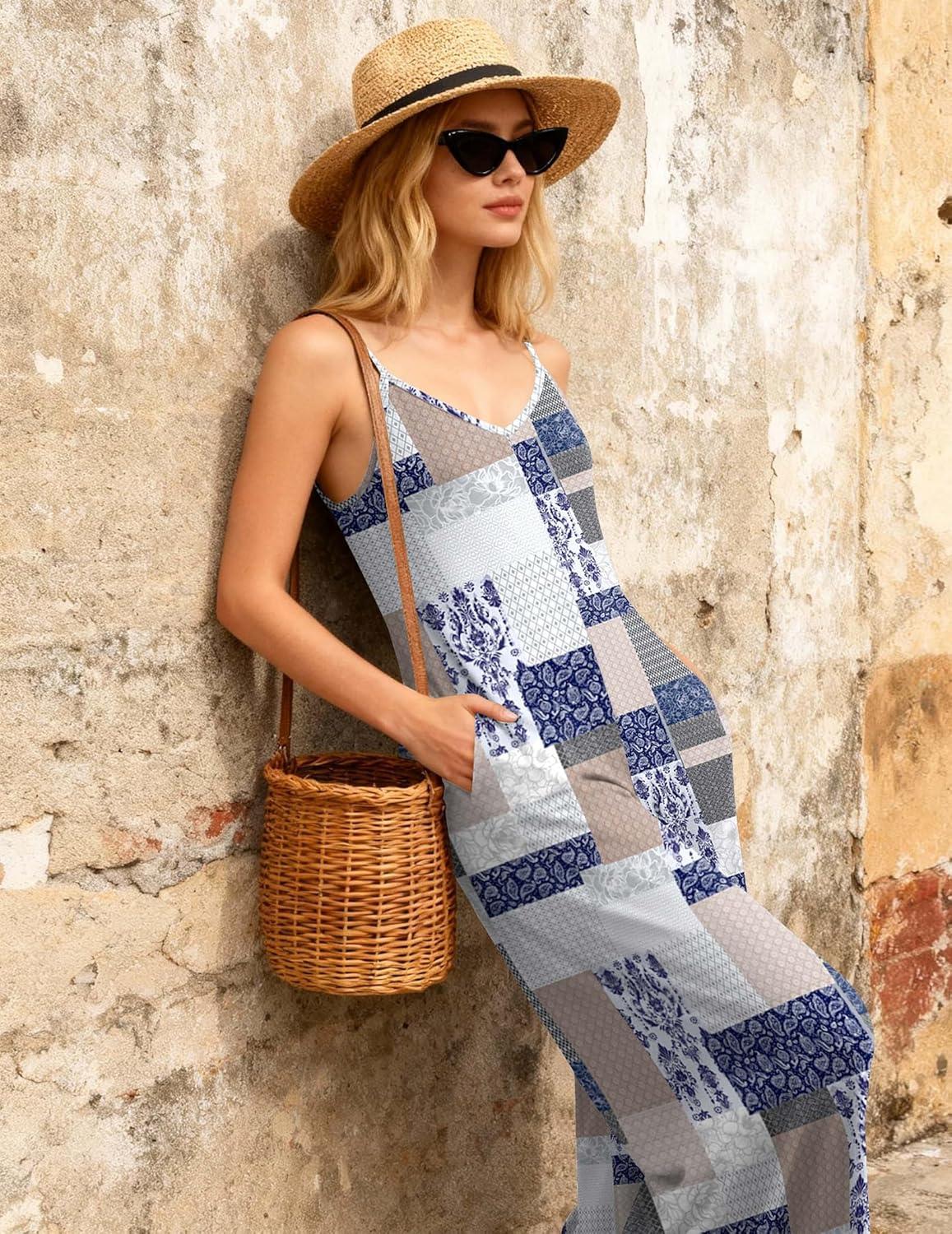 imageEkouaer Women Jumpsuits Casual Boho Overalls Sleeveless Spaghetti Strap Long Pants Romper with PocketsGrey Print