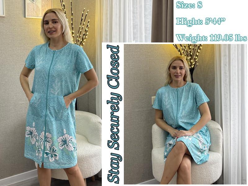 imageEkouaer Women Robes Lightweight House Coat Short Sleeve Floral Print Mumu House Dresses with Pockets Zipper NightgownsFloral Green