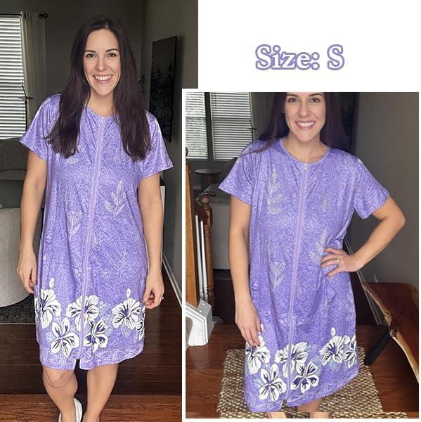 imageEkouaer Women Robes Lightweight House Coat Short Sleeve Floral Print Mumu House Dresses with Pockets Zipper NightgownsFloral Lilac