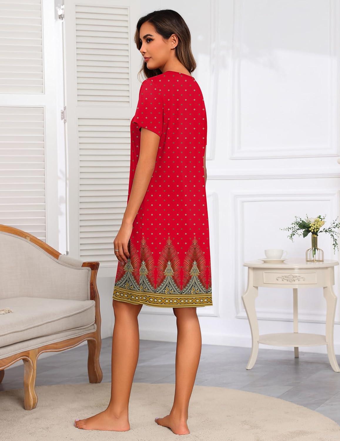 imageEkouaer Women Robes Lightweight House Coat Short Sleeve Floral Print Mumu House Dresses with Pockets Zipper NightgownsFloral Red