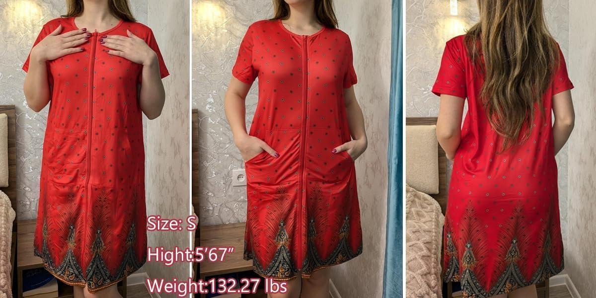imageEkouaer Women Robes Lightweight House Coat Short Sleeve Floral Print Mumu House Dresses with Pockets Zipper NightgownsFloral Red