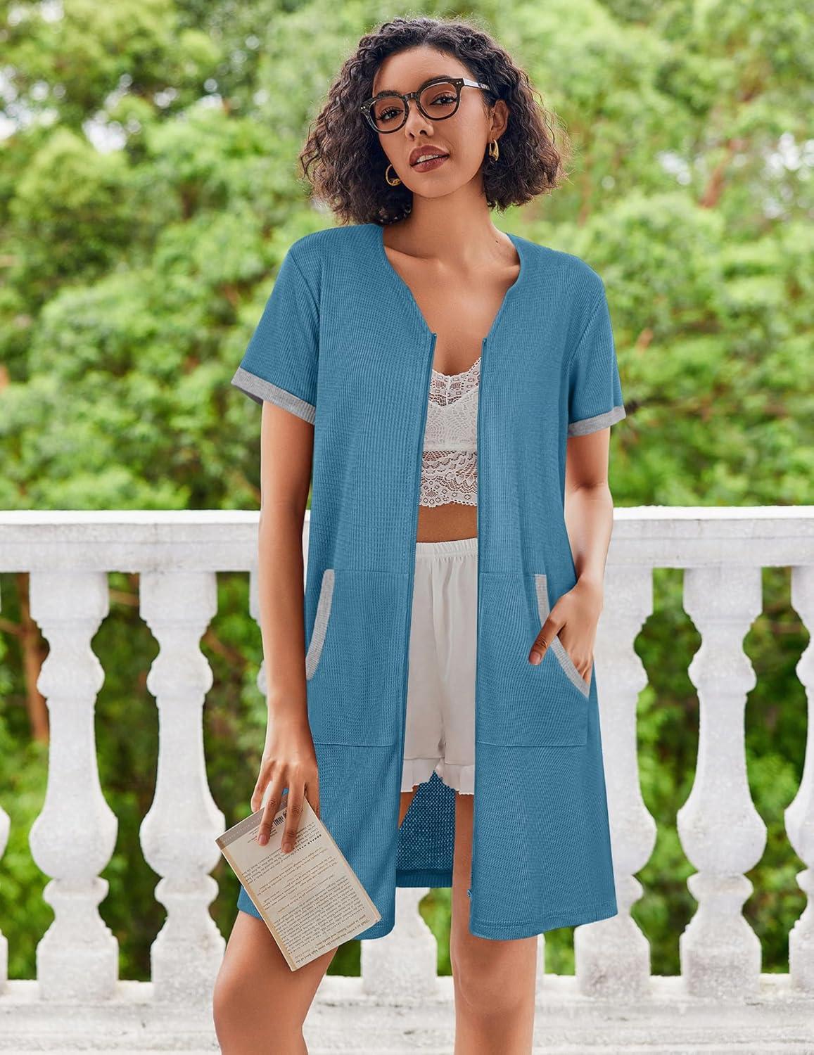imageEkouaer Women Zipper Robe Waffle Short Sleeve Bathrobes Lightweight Knee Length Housecoat with Pockets S3XLDark Blue