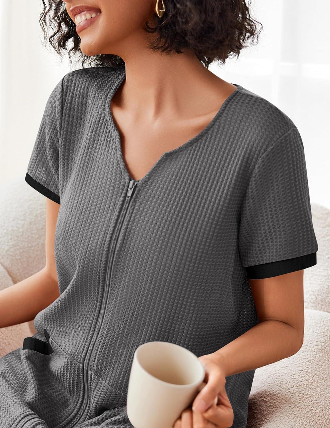 imageEkouaer Women Zipper Robe Waffle Short Sleeve Bathrobes Lightweight Knee Length Housecoat with Pockets S3XLDark Gray