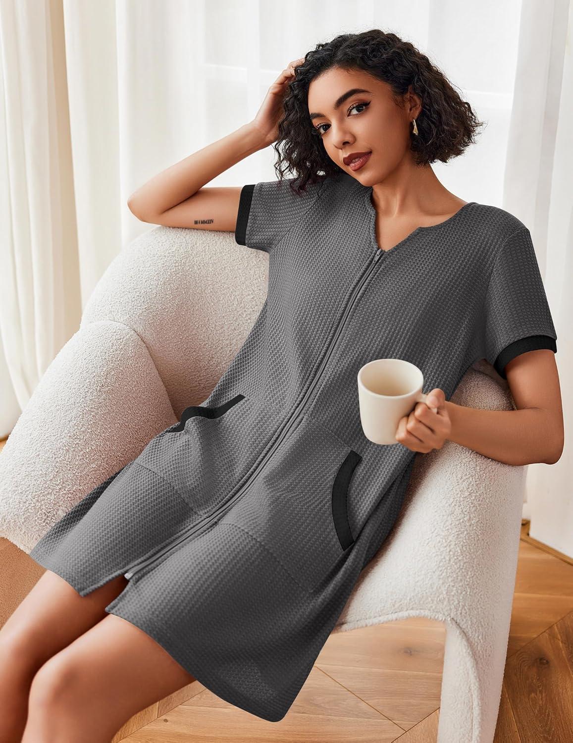 imageEkouaer Women Zipper Robe Waffle Short Sleeve Bathrobes Lightweight Knee Length Housecoat with Pockets S3XLDark Gray