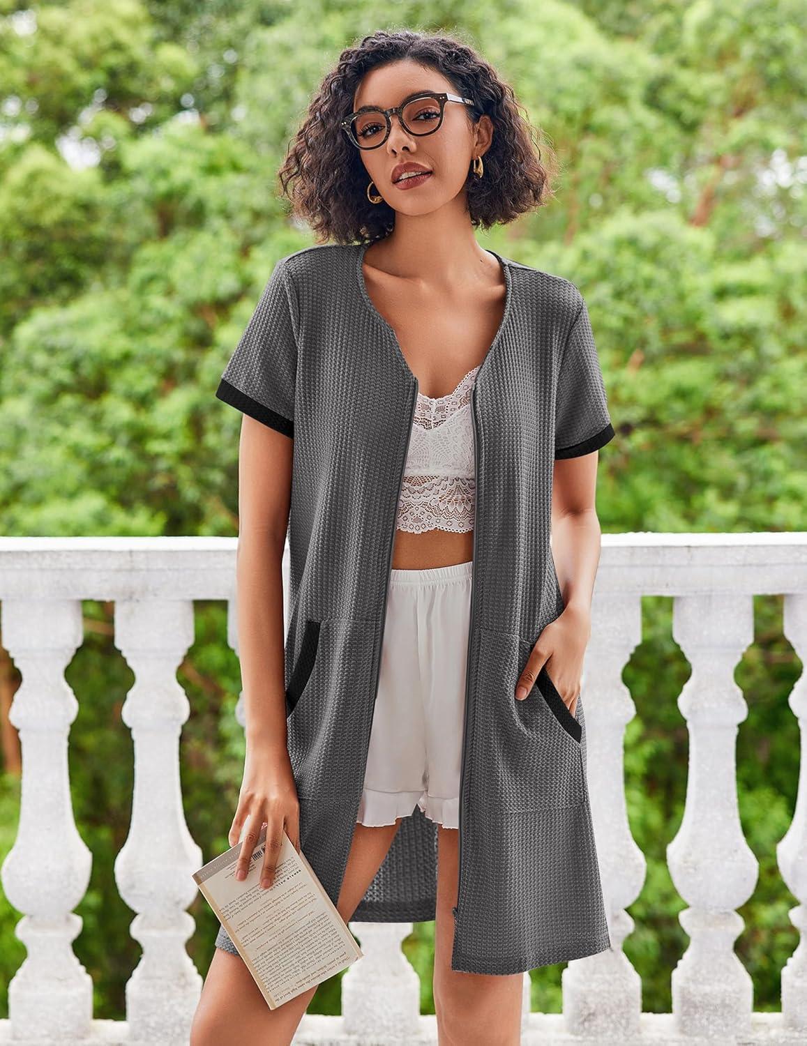 imageEkouaer Women Zipper Robe Waffle Short Sleeve Bathrobes Lightweight Knee Length Housecoat with Pockets S3XLDark Gray
