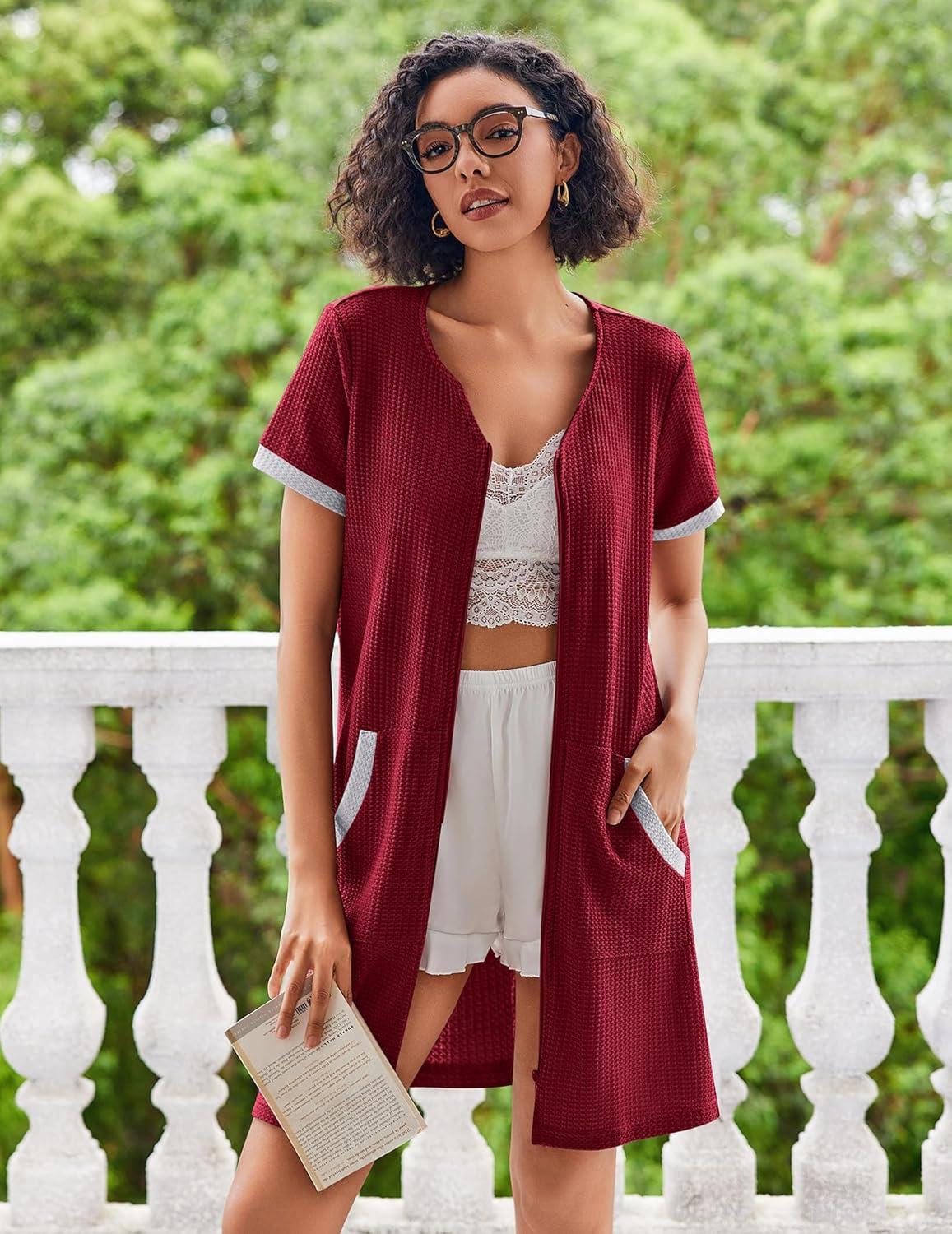 imageEkouaer Women Zipper Robe Waffle Short Sleeve Bathrobes Lightweight Knee Length Housecoat with Pockets S3XLDark Red