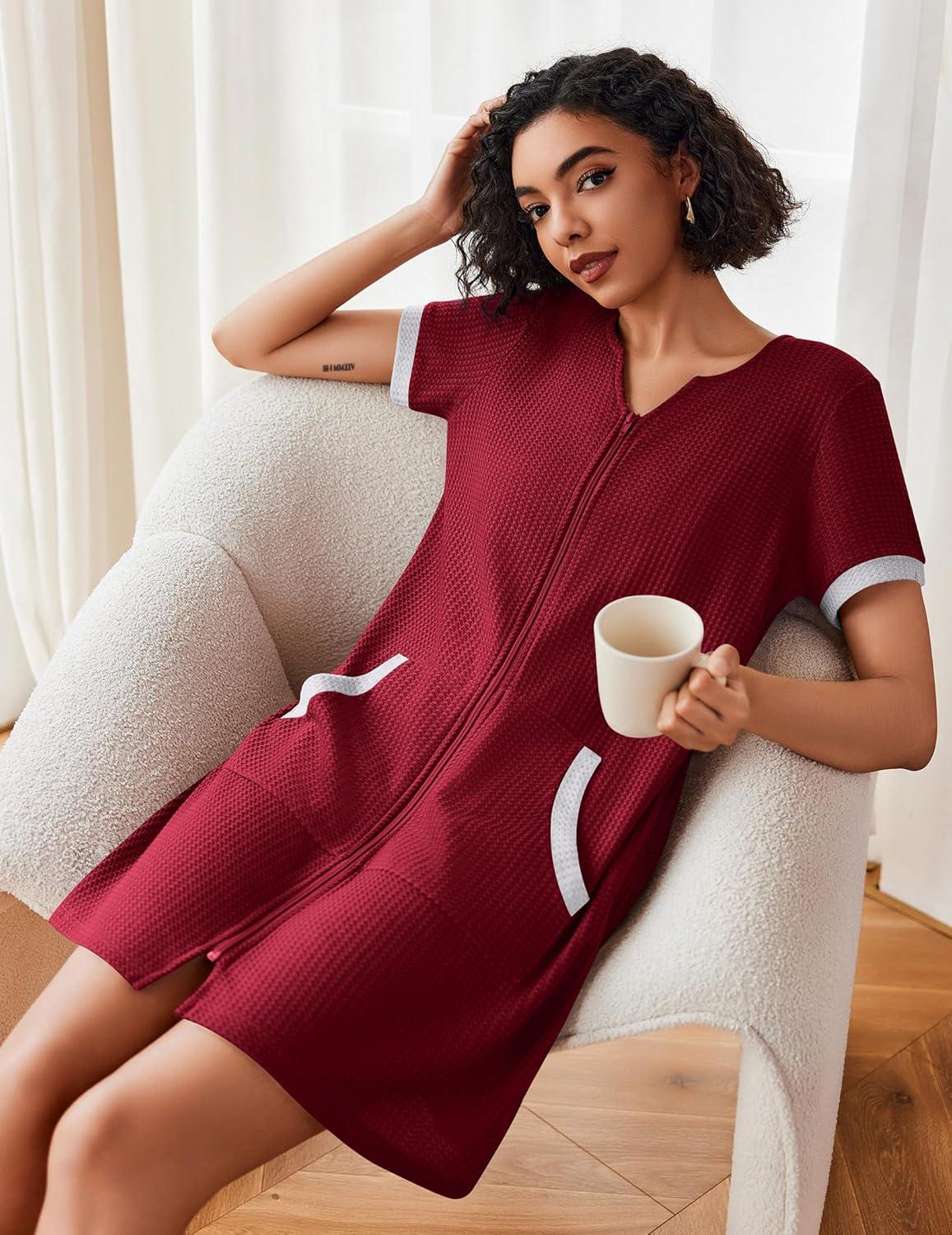imageEkouaer Women Zipper Robe Waffle Short Sleeve Bathrobes Lightweight Knee Length Housecoat with Pockets S3XLDark Red
