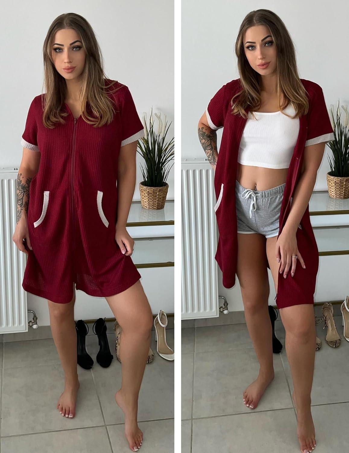 imageEkouaer Women Zipper Robe Waffle Short Sleeve Bathrobes Lightweight Knee Length Housecoat with Pockets S3XLDark Red