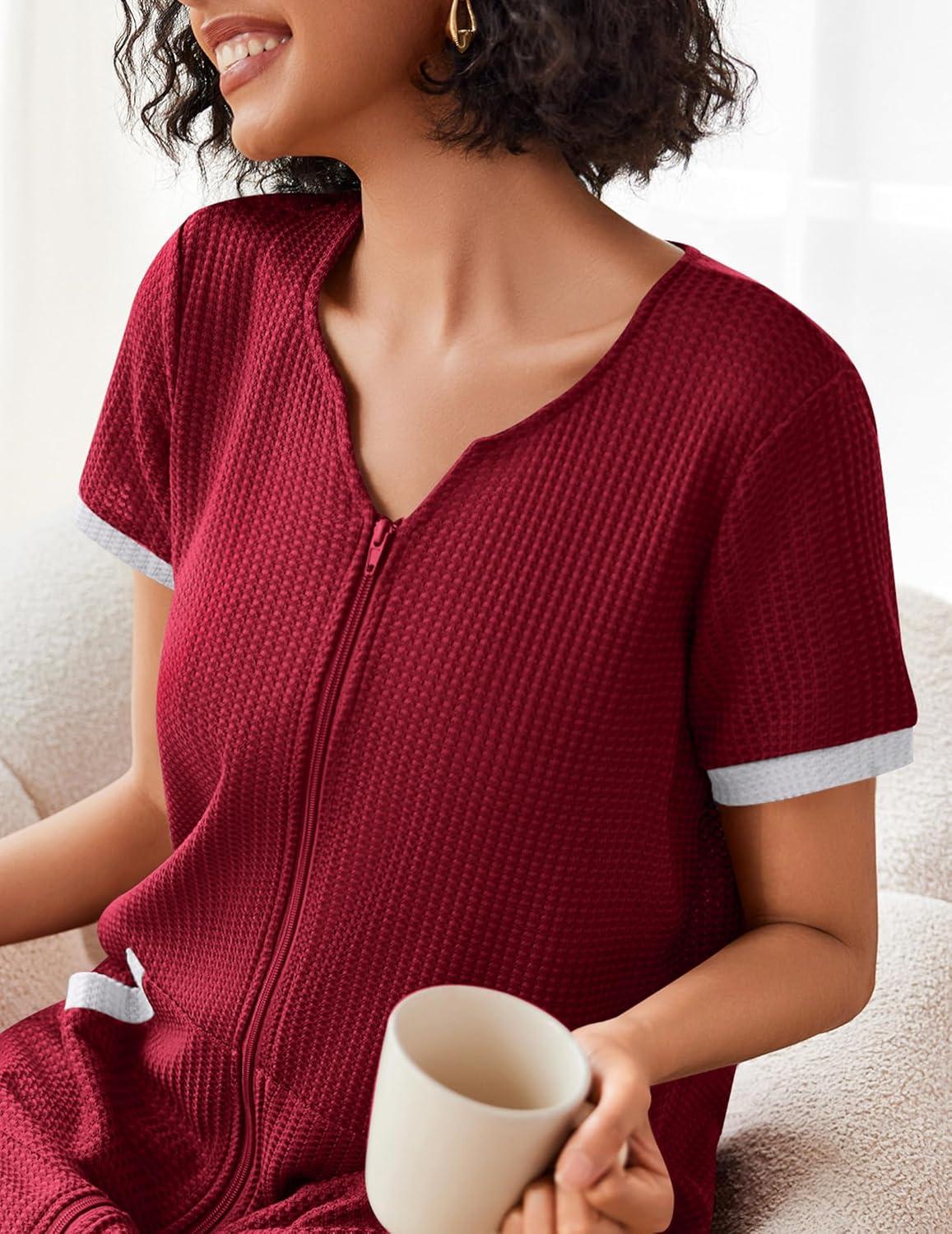 imageEkouaer Women Zipper Robe Waffle Short Sleeve Bathrobes Lightweight Knee Length Housecoat with Pockets S3XLDark Red