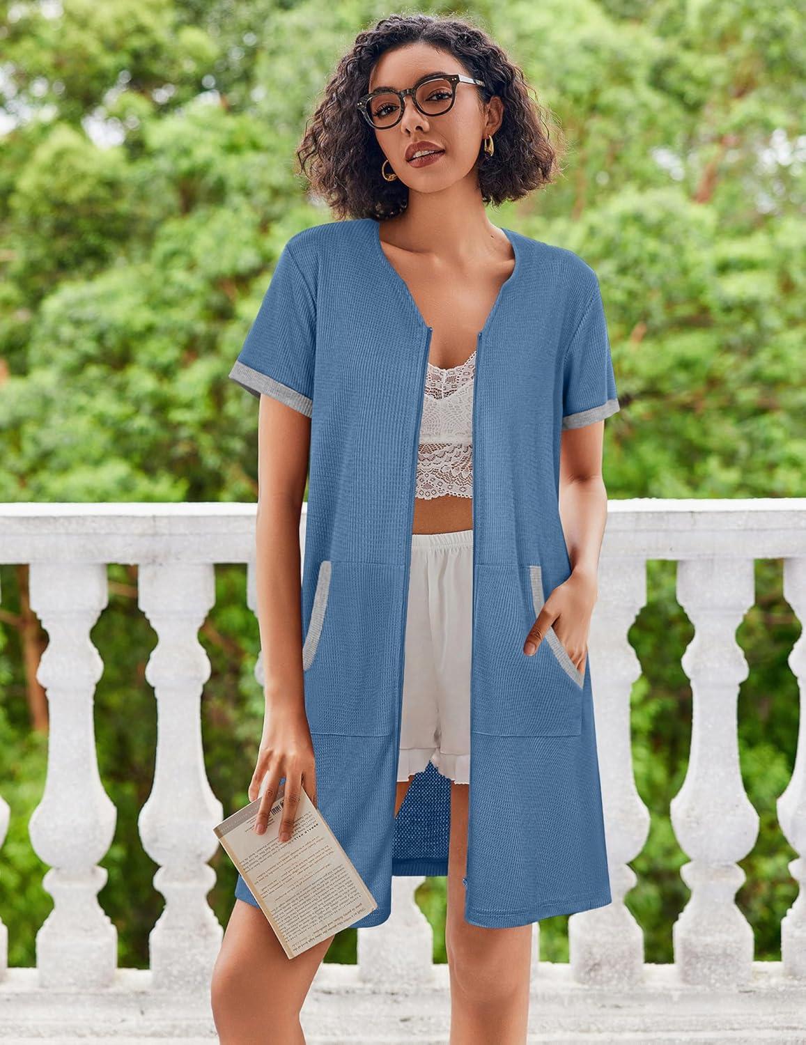 imageEkouaer Women Zipper Robe Waffle Short Sleeve Bathrobes Lightweight Knee Length Housecoat with Pockets S3XLNavy