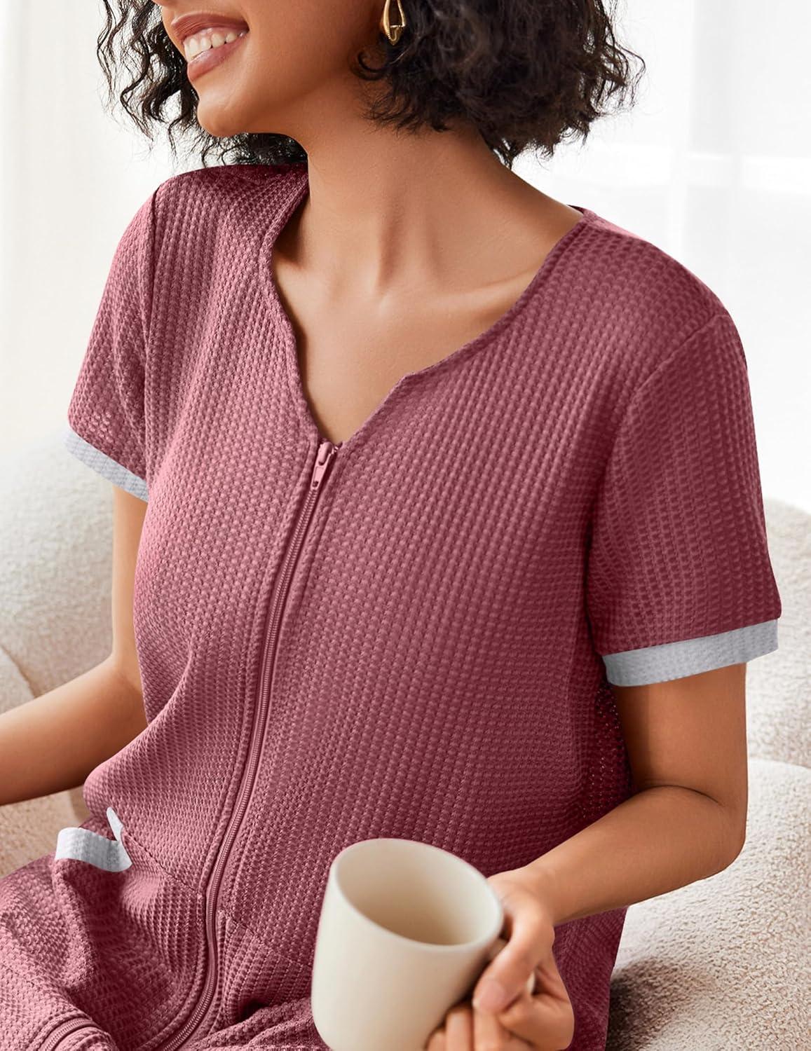 imageEkouaer Women Zipper Robe Waffle Short Sleeve Bathrobes Lightweight Knee Length Housecoat with Pockets S3XLRosy Gray Purple
