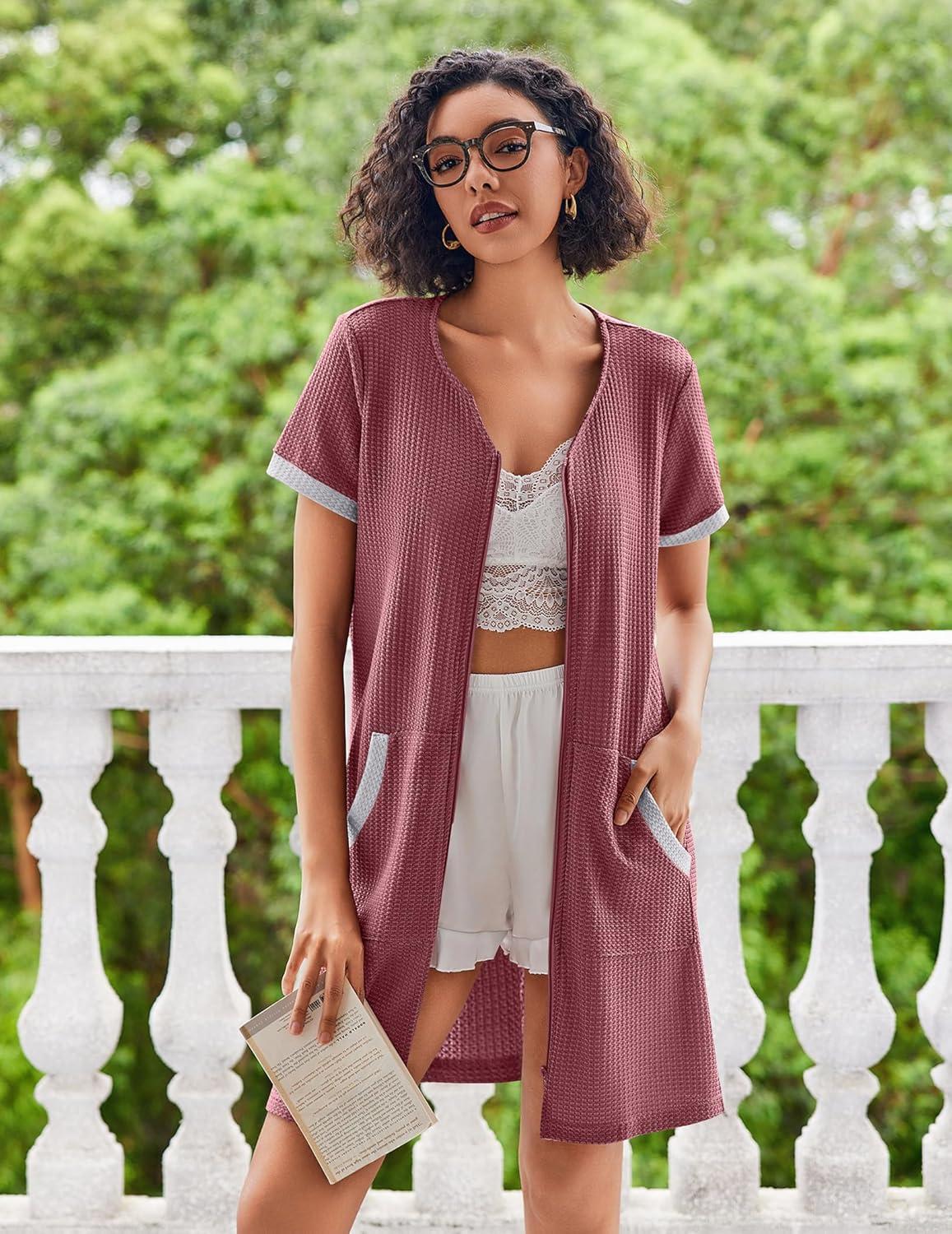 imageEkouaer Women Zipper Robe Waffle Short Sleeve Bathrobes Lightweight Knee Length Housecoat with Pockets S3XLRosy Gray Purple