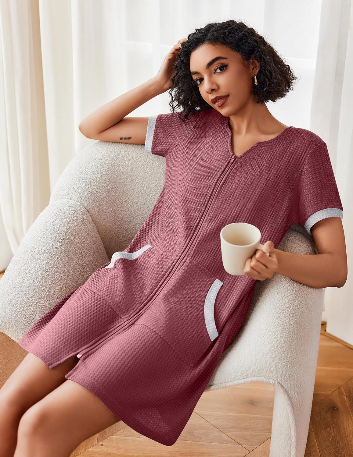 imageEkouaer Women Zipper Robe Waffle Short Sleeve Bathrobes Lightweight Knee Length Housecoat with Pockets S3XLRosy Gray Purple