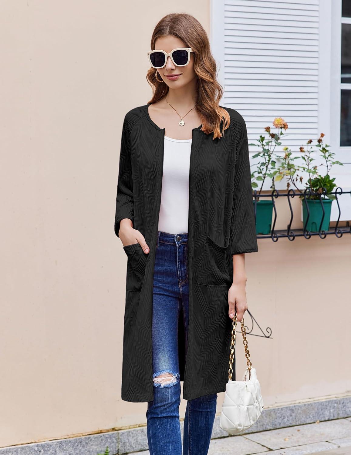 imageEkouaer Women Zipper Robes 34 Sleeve Ribbed Knit Bathrobe Lightweight Knee Length Loungewear Housecoat with Pockets S3XLBlack