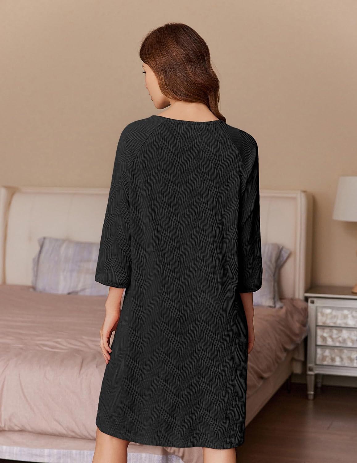 imageEkouaer Women Zipper Robes 34 Sleeve Ribbed Knit Bathrobe Lightweight Knee Length Loungewear Housecoat with Pockets S3XLBlack