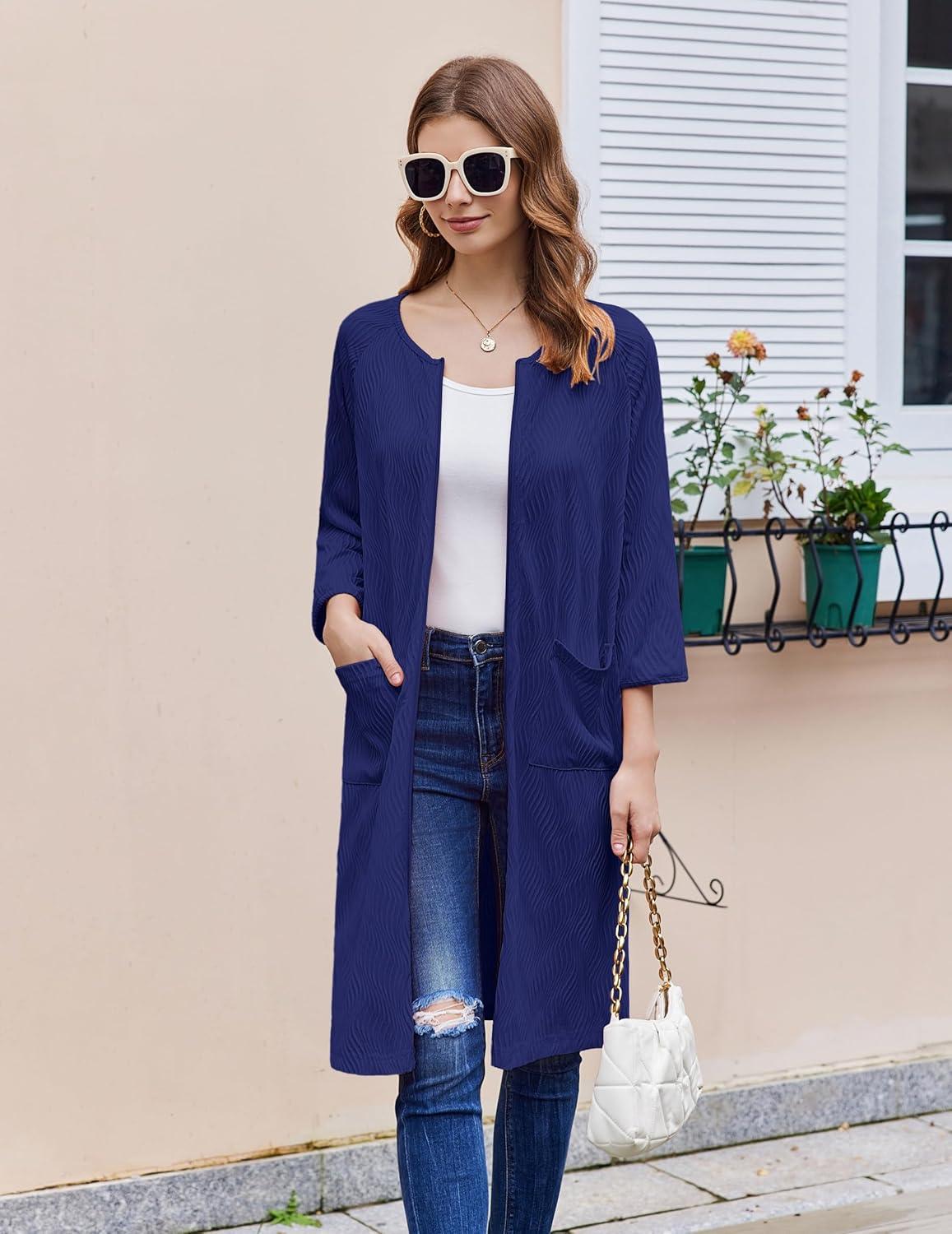 imageEkouaer Women Zipper Robes 34 Sleeve Ribbed Knit Bathrobe Lightweight Knee Length Loungewear Housecoat with Pockets S3XLDark Blue