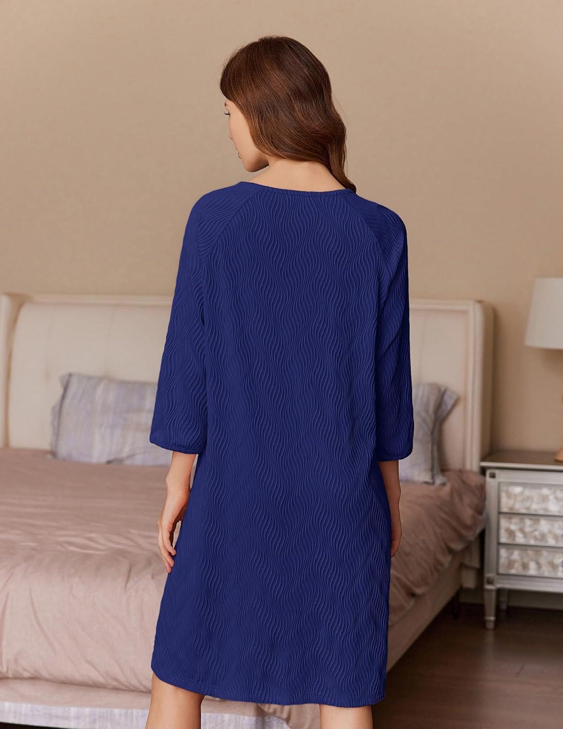 imageEkouaer Women Zipper Robes 34 Sleeve Ribbed Knit Bathrobe Lightweight Knee Length Loungewear Housecoat with Pockets S3XLDark Blue