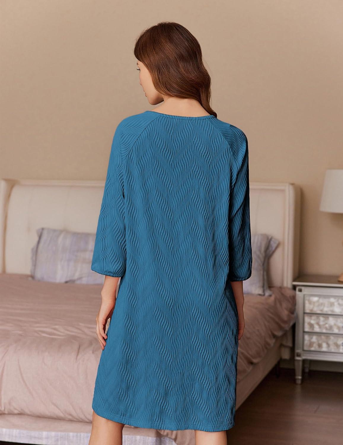 imageEkouaer Women Zipper Robes 34 Sleeve Ribbed Knit Bathrobe Lightweight Knee Length Loungewear Housecoat with Pockets S3XLDuck Blue