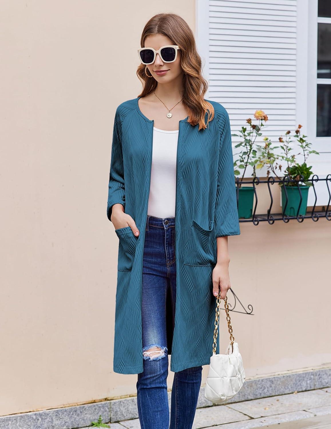 imageEkouaer Women Zipper Robes 34 Sleeve Ribbed Knit Bathrobe Lightweight Knee Length Loungewear Housecoat with Pockets S3XLDuck Blue