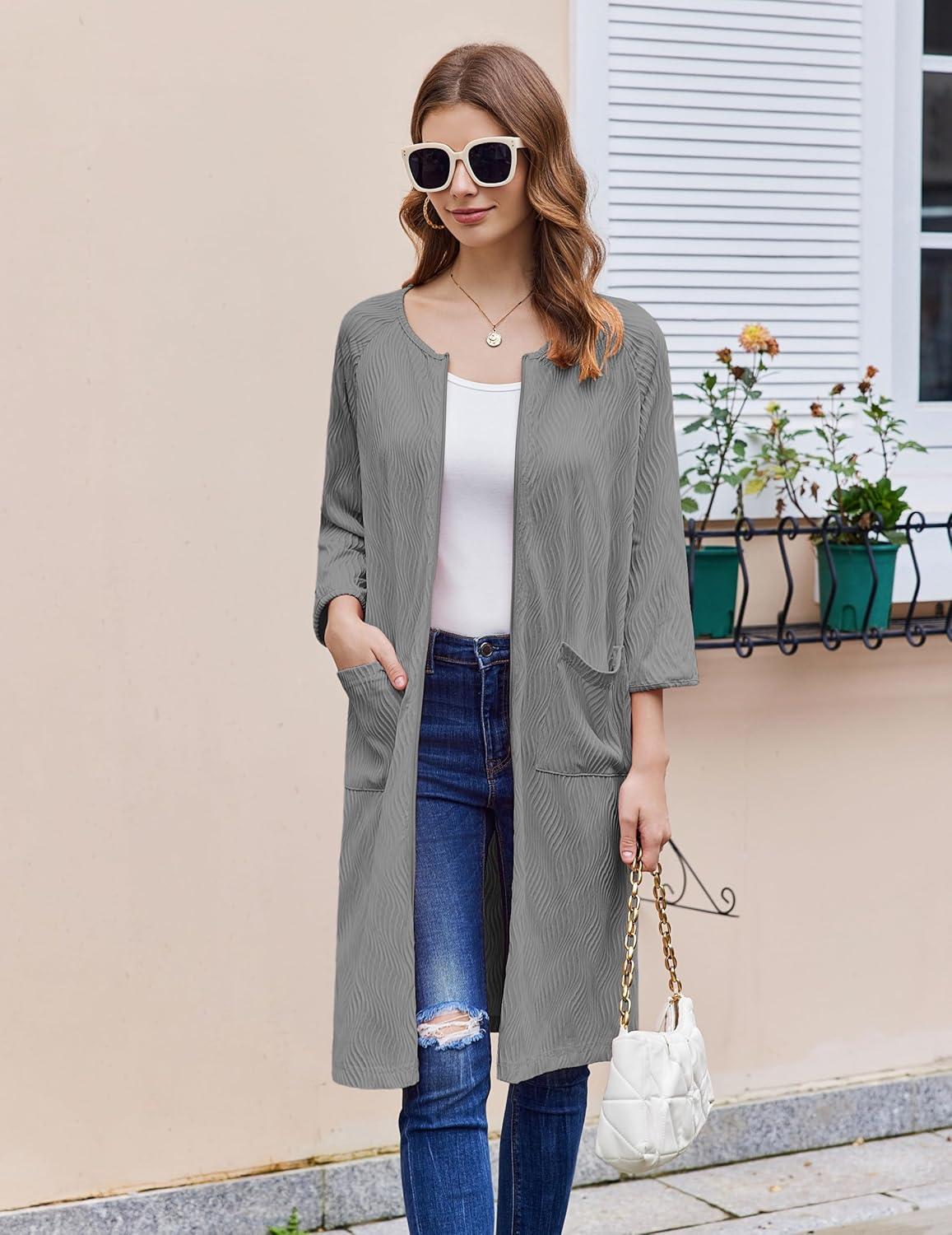 imageEkouaer Women Zipper Robes 34 Sleeve Ribbed Knit Bathrobe Lightweight Knee Length Loungewear Housecoat with Pockets S3XLGrey
