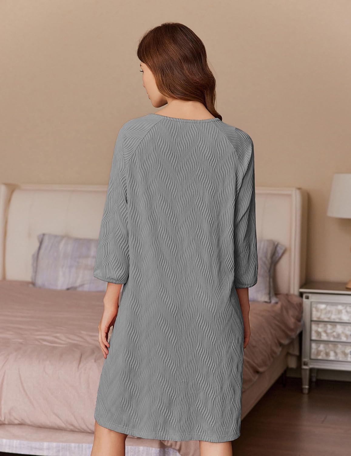 imageEkouaer Women Zipper Robes 34 Sleeve Ribbed Knit Bathrobe Lightweight Knee Length Loungewear Housecoat with Pockets S3XLGrey