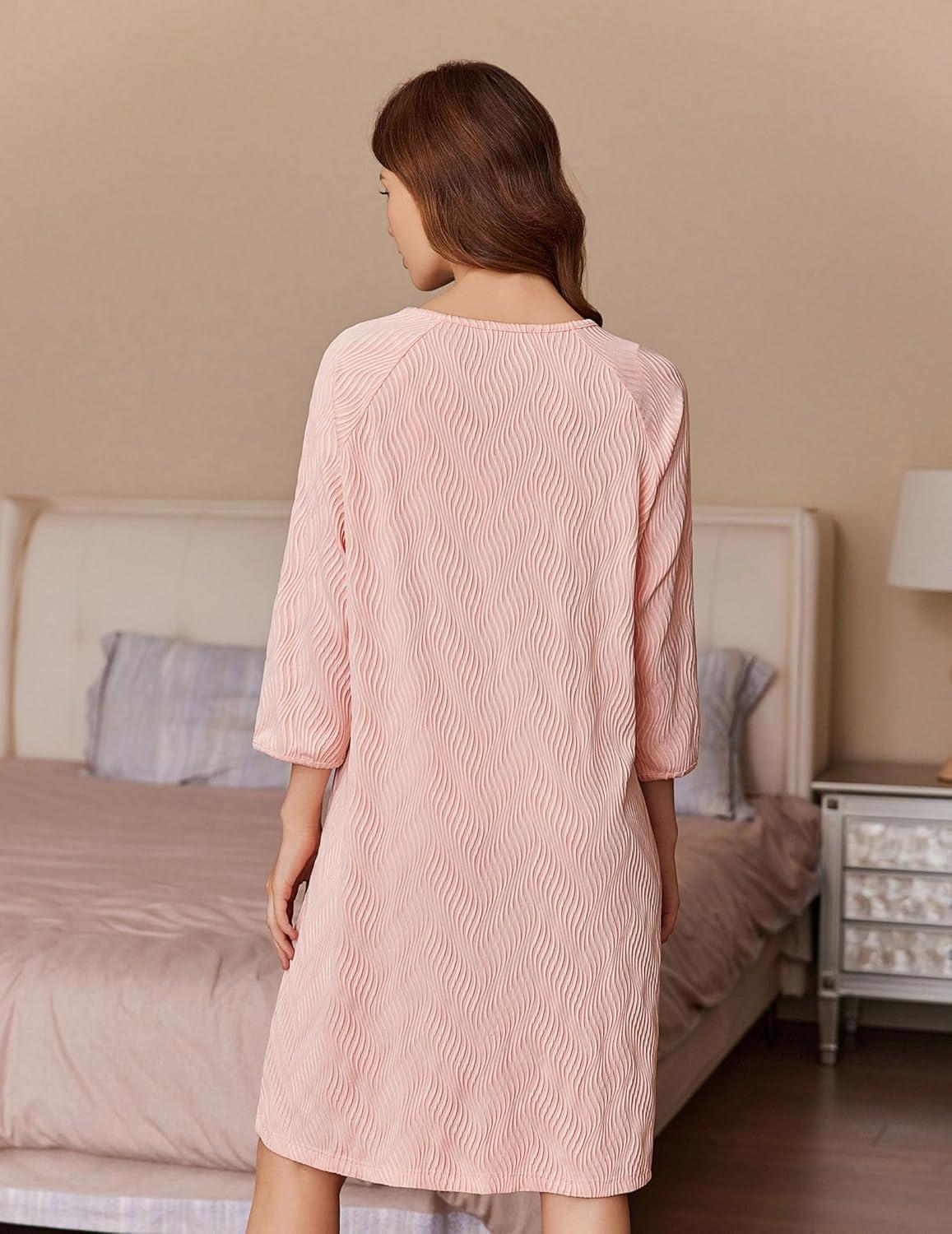 imageEkouaer Women Zipper Robes 34 Sleeve Ribbed Knit Bathrobe Lightweight Knee Length Loungewear Housecoat with Pockets S3XLLight Pink