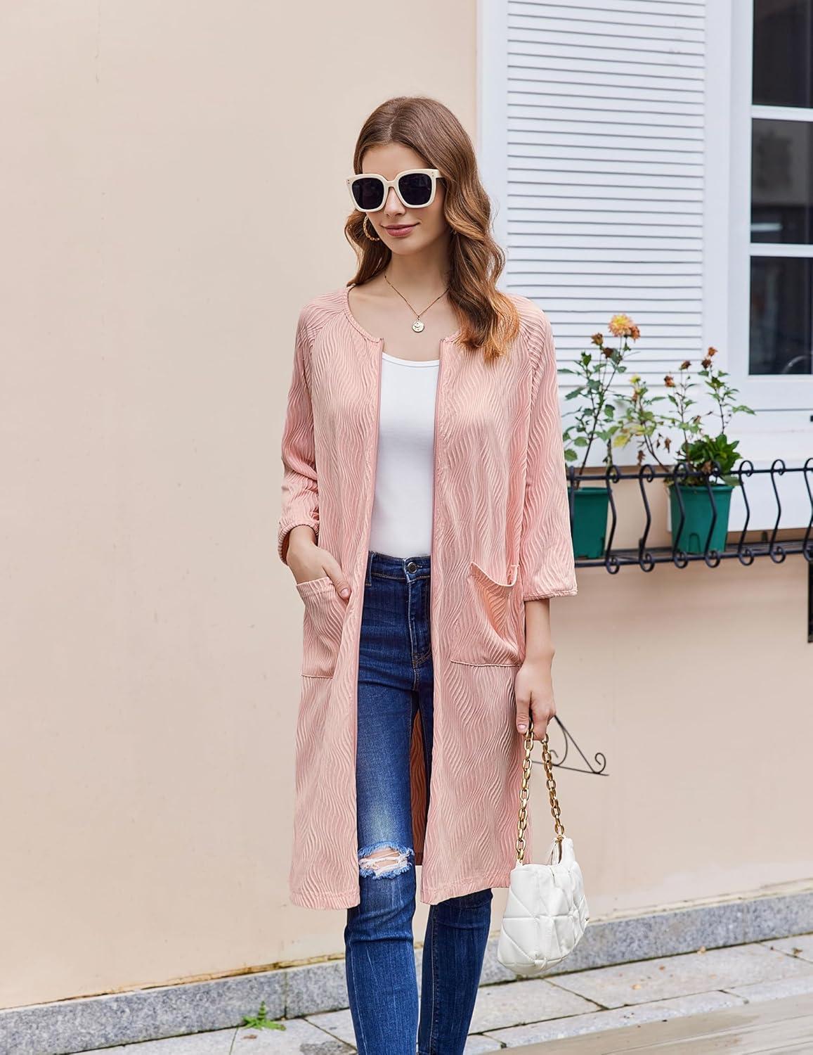 imageEkouaer Women Zipper Robes 34 Sleeve Ribbed Knit Bathrobe Lightweight Knee Length Loungewear Housecoat with Pockets S3XLLight Pink