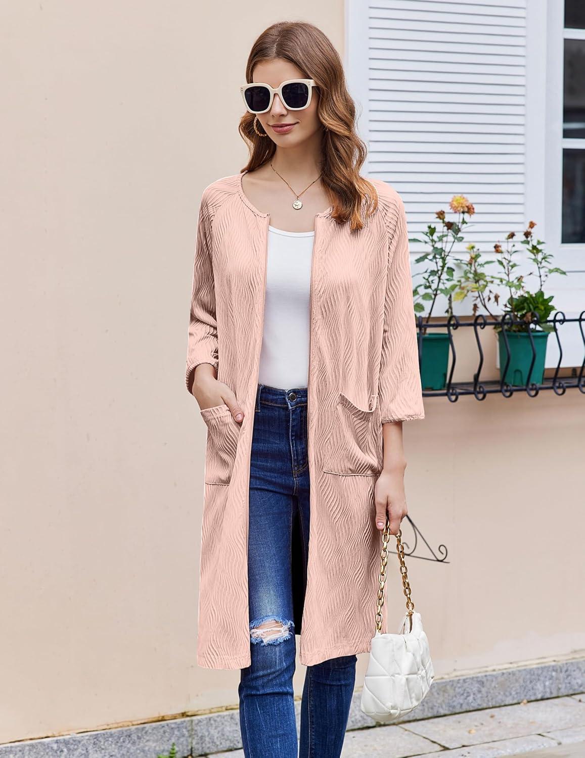 imageEkouaer Women Zipper Robes 34 Sleeve Ribbed Knit Bathrobe Lightweight Knee Length Loungewear Housecoat with Pockets S3XLPink