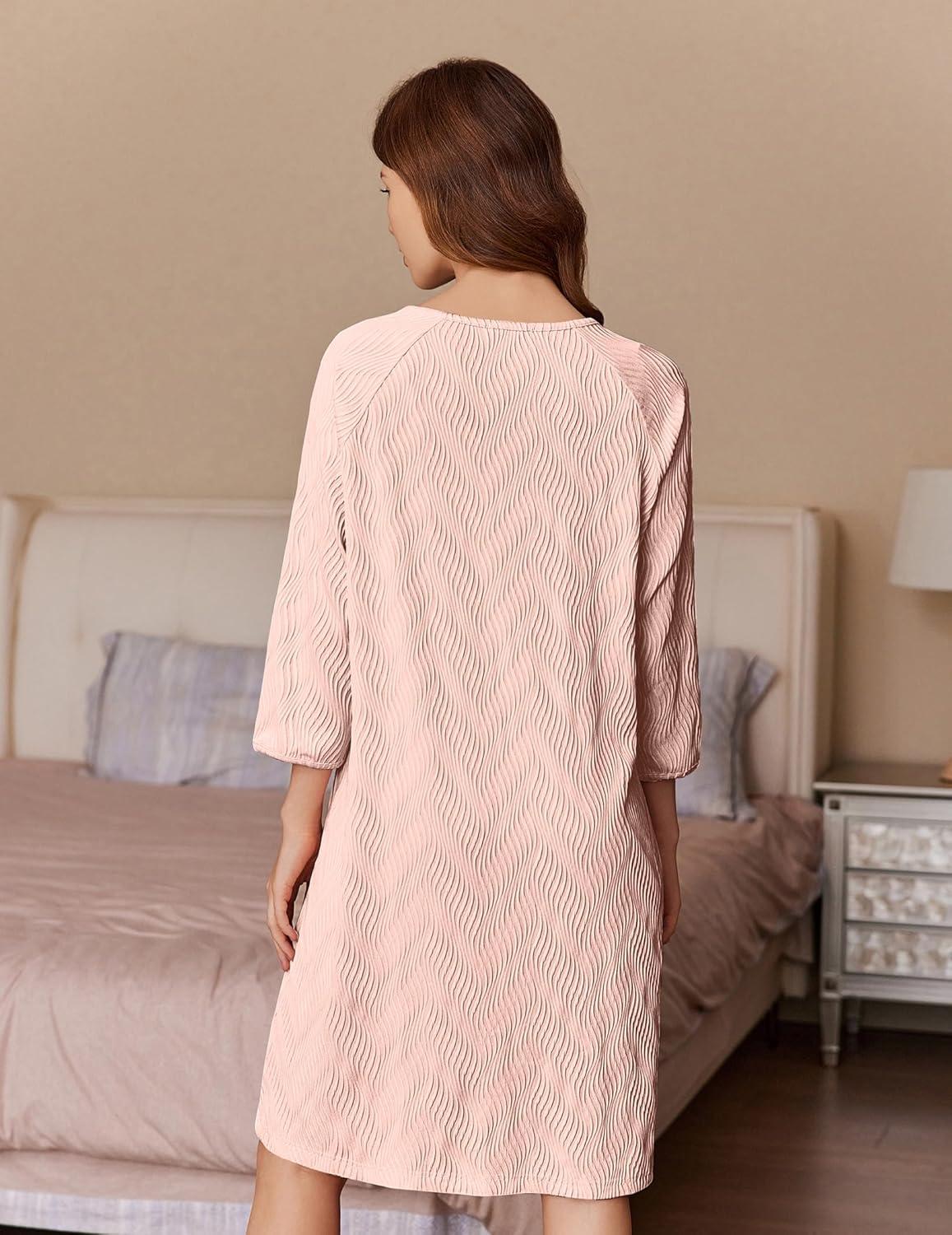 imageEkouaer Women Zipper Robes 34 Sleeve Ribbed Knit Bathrobe Lightweight Knee Length Loungewear Housecoat with Pockets S3XLPink