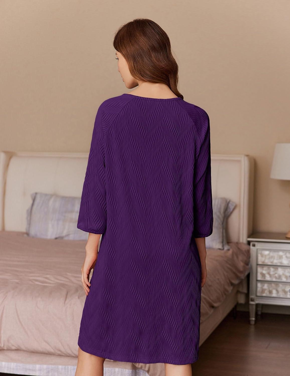 imageEkouaer Women Zipper Robes 34 Sleeve Ribbed Knit Bathrobe Lightweight Knee Length Loungewear Housecoat with Pockets S3XLPurple