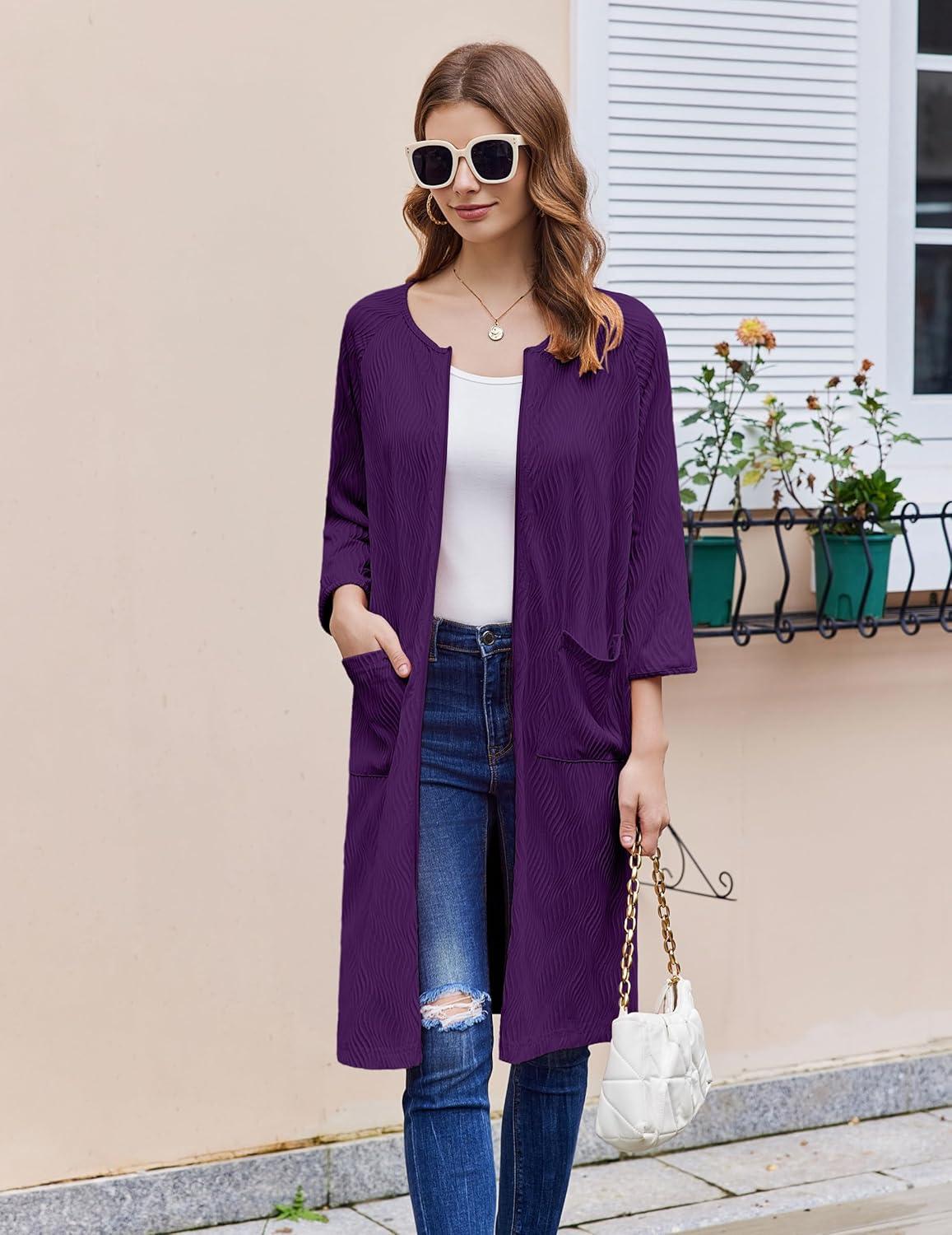 imageEkouaer Women Zipper Robes 34 Sleeve Ribbed Knit Bathrobe Lightweight Knee Length Loungewear Housecoat with Pockets S3XLPurple
