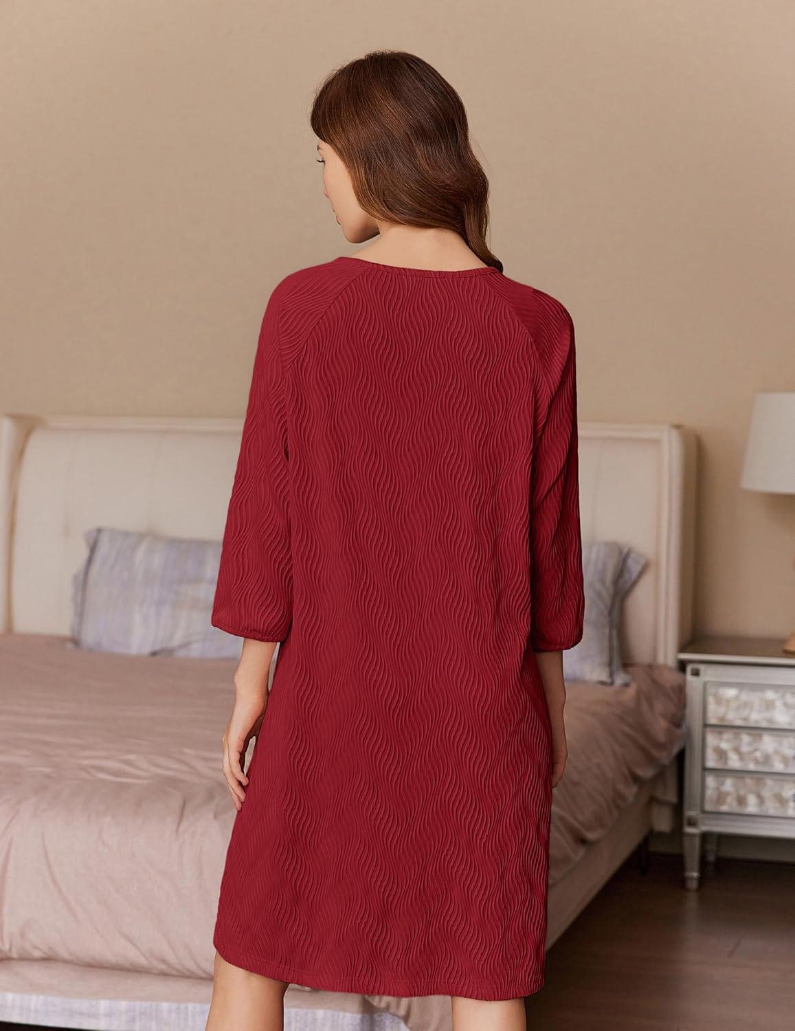 imageEkouaer Women Zipper Robes 34 Sleeve Ribbed Knit Bathrobe Lightweight Knee Length Loungewear Housecoat with Pockets S3XLRed