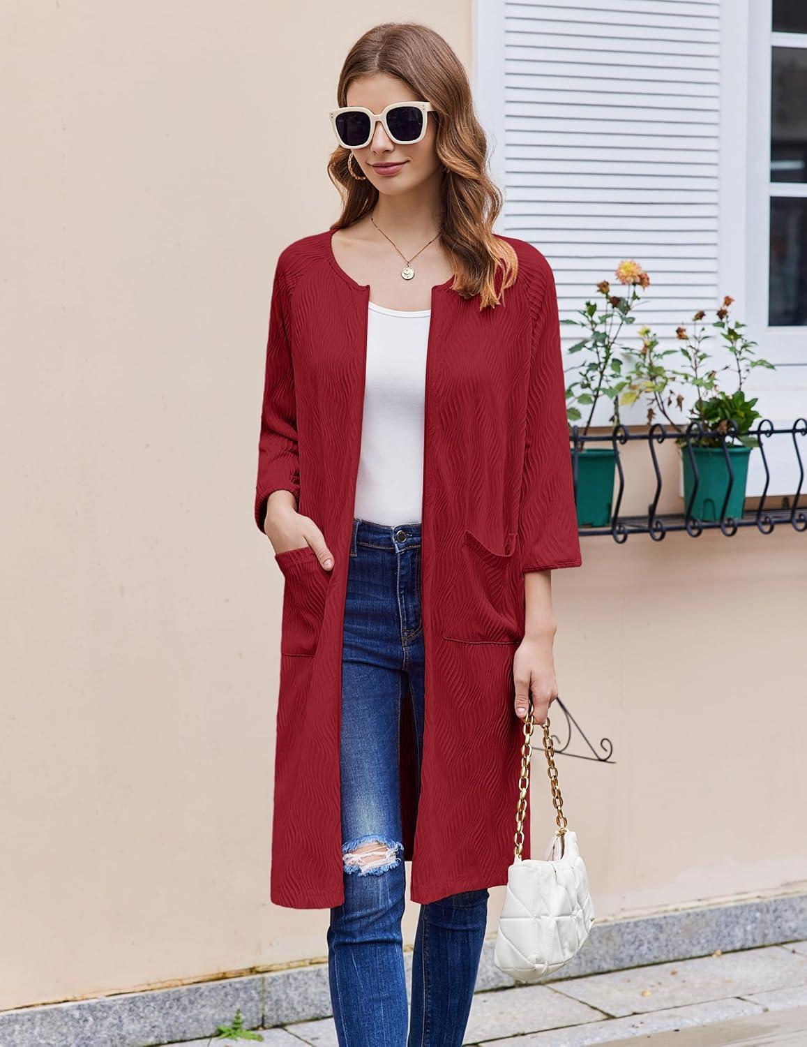 imageEkouaer Women Zipper Robes 34 Sleeve Ribbed Knit Bathrobe Lightweight Knee Length Loungewear Housecoat with Pockets S3XLRed